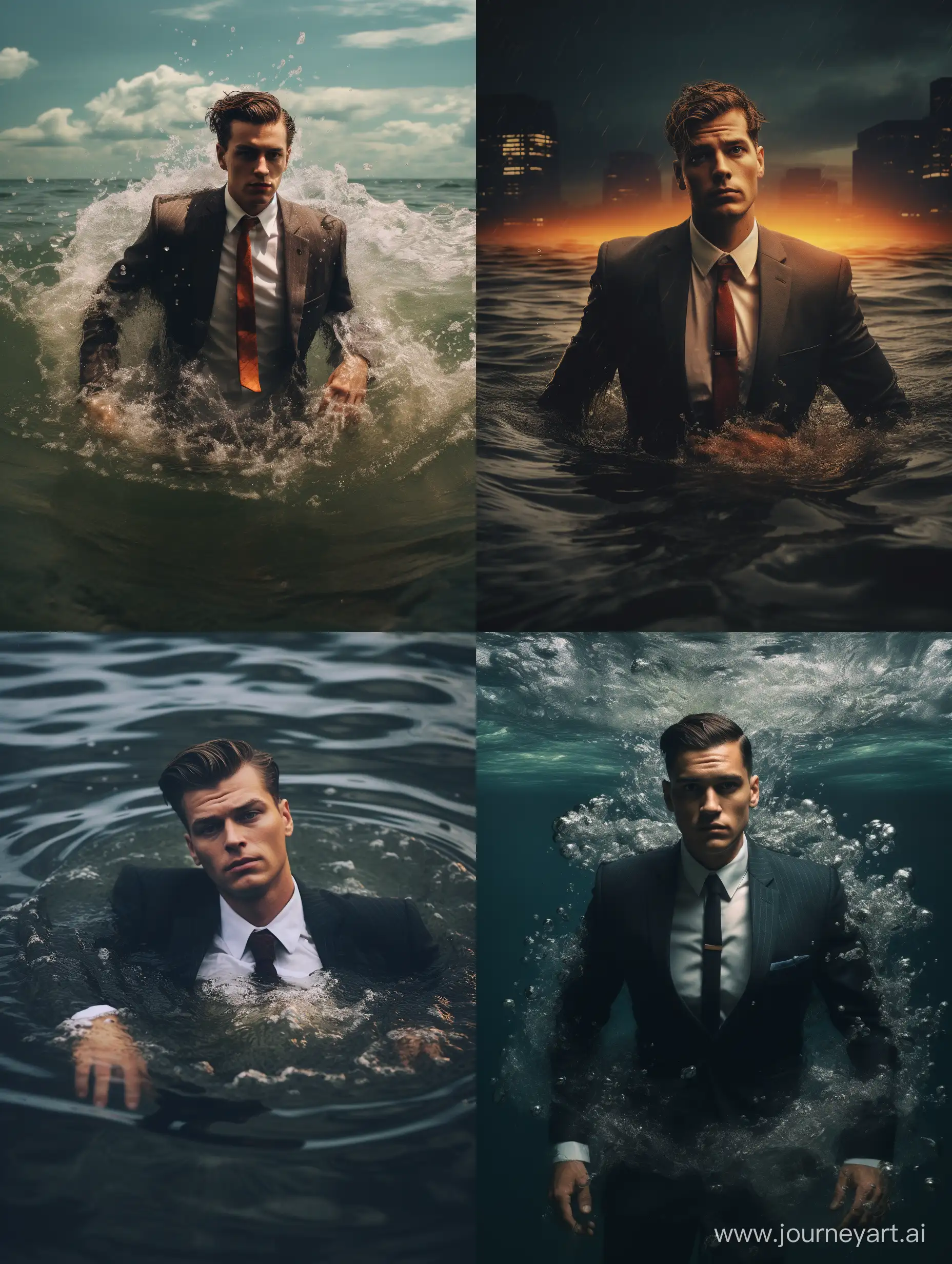A man in a suit in the sea water