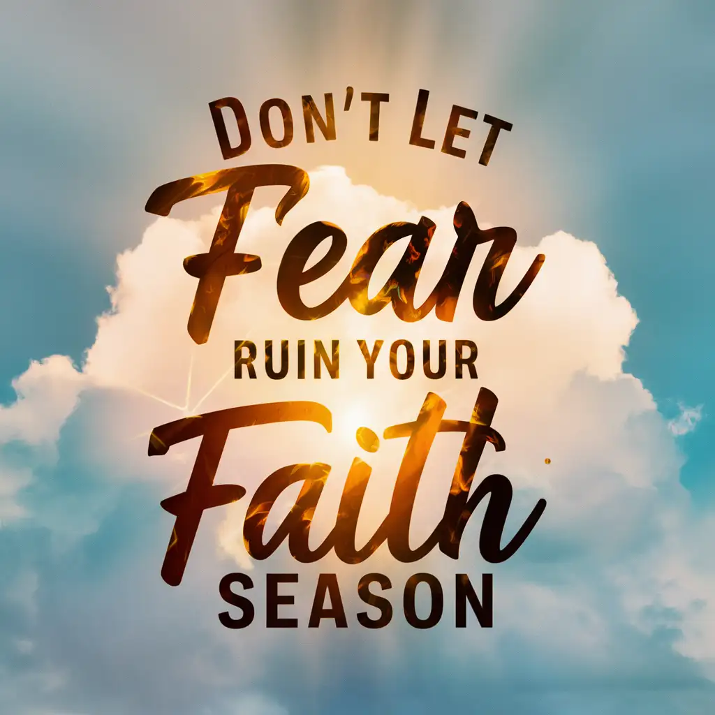 The words “Don’t Let Fear Ruin Your Faith Season” with clouds in the background, surrounded by a soft blue light background 