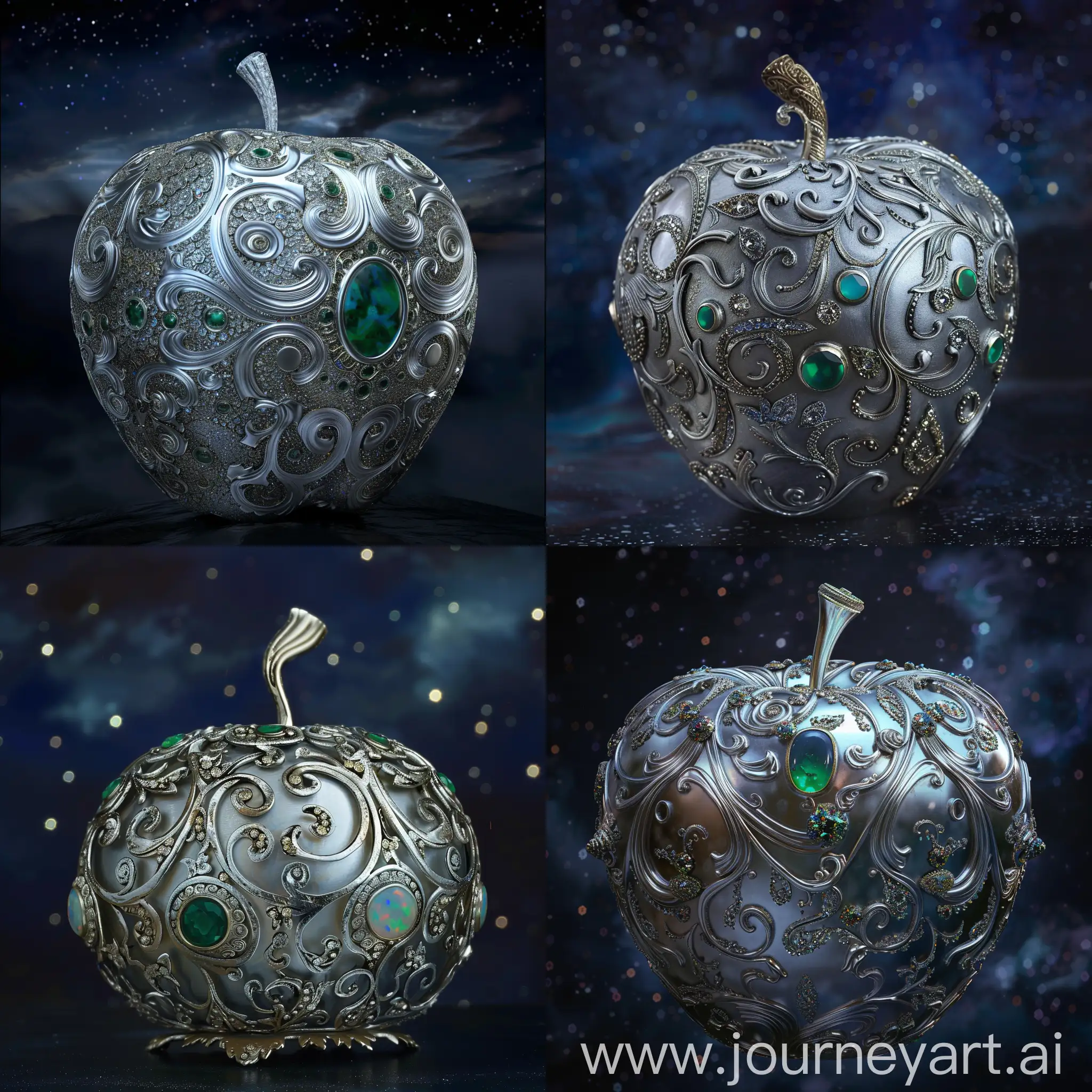 Enchanting-Silver-Apple-with-Emeralds-and-Opals-Against-Night-Sky