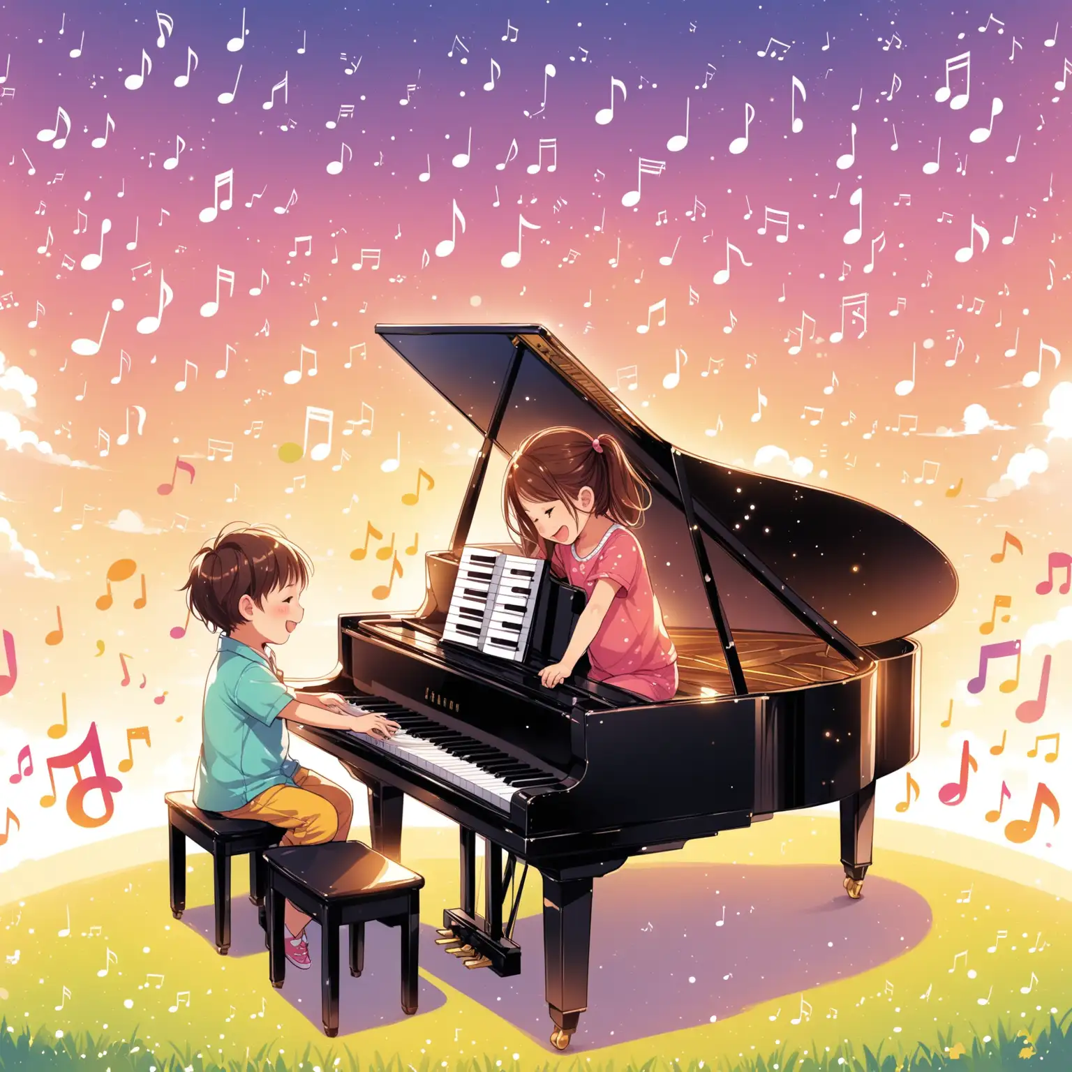Joyful Children Playing Pianos Amidst Floating Music Notes
