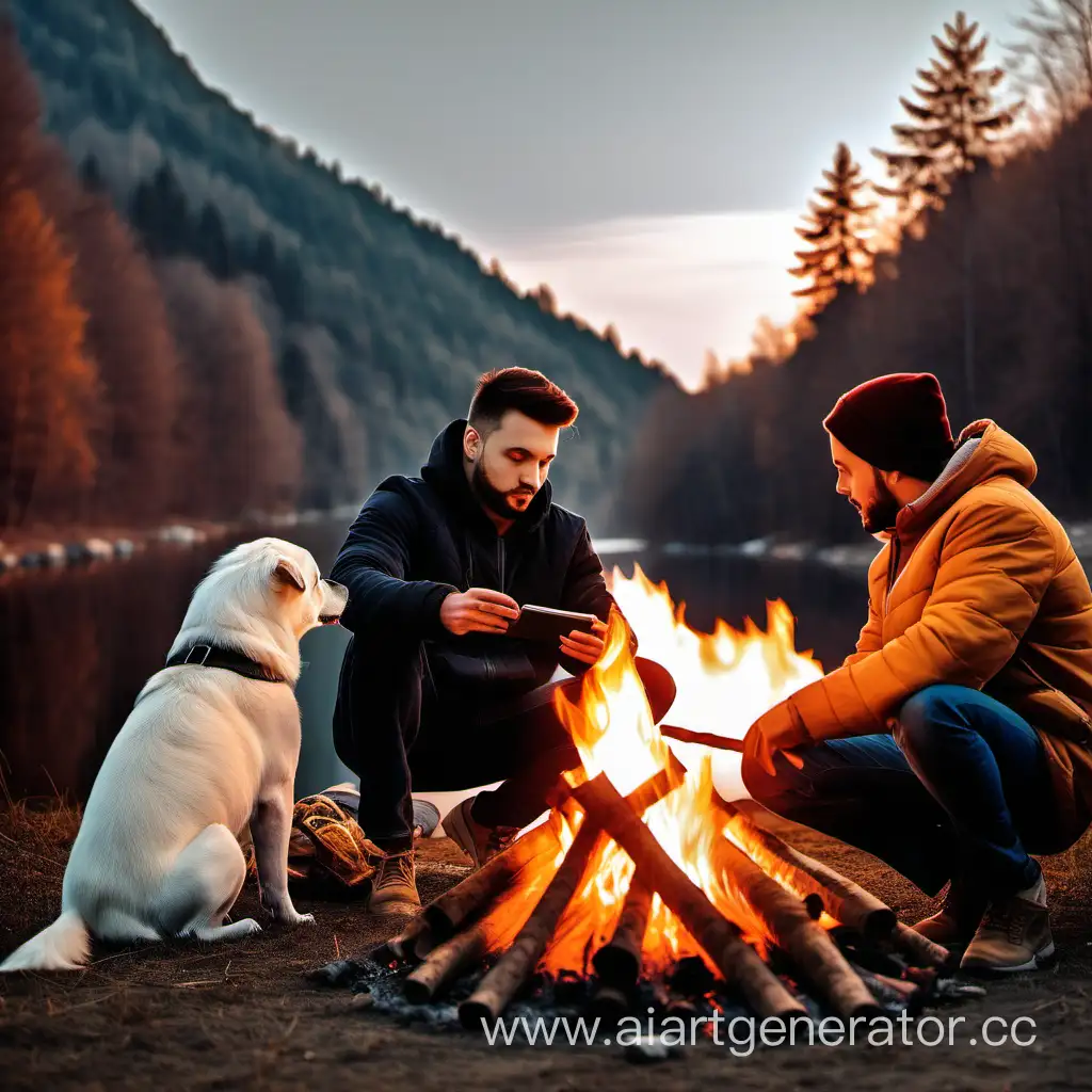 Man-Relaxing-in-Nature-with-Bonfire-and-Dog
