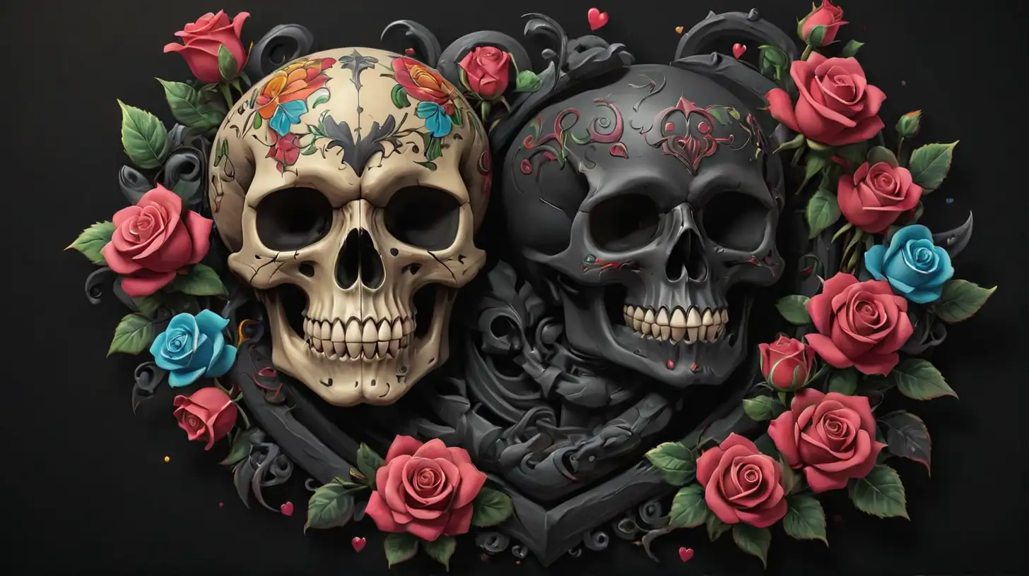 Colorful 3D Old School Tattoo Design with Skull Heart and Roses on Black Background