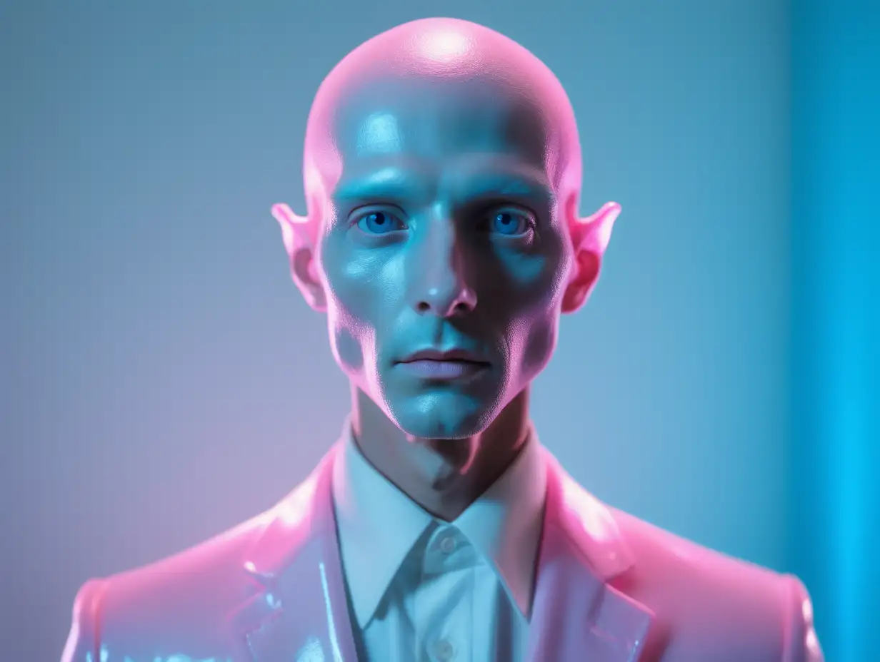 an 30 years old, real life pastel pretty human face translucent plexi glass body elegant slender alien android man,natural skin texture, in white art studio pink light casting hard shadows, blue pastel light halo, ultra detailed, 8k, film still from Wes Anderson, award winning photography, arty pose, fashion, 200mm, HD, f/ 2. 0, highly detailed --ar 3:4 --v 5.1  --v 5.1 --s 750 -- style raw