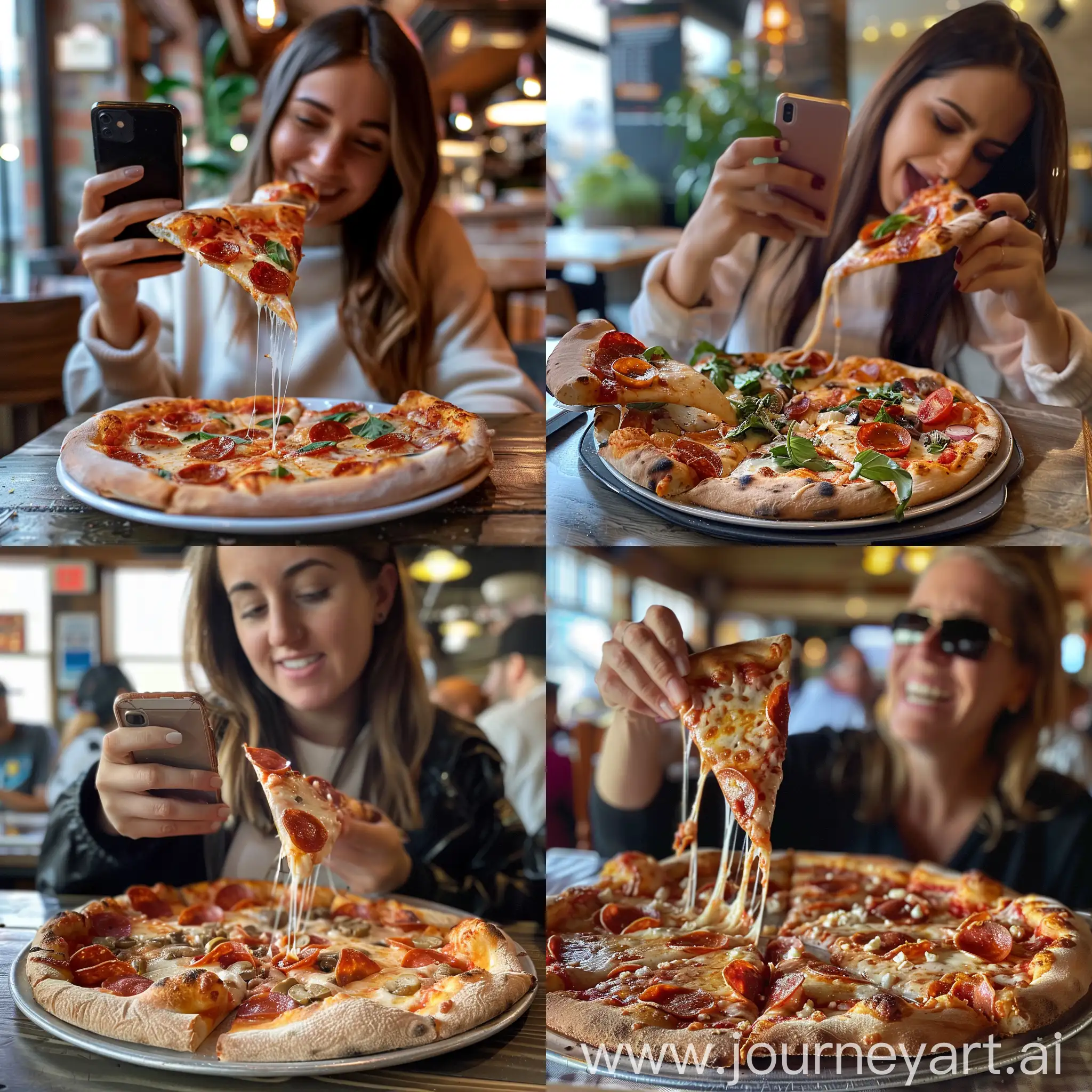 Woman-Enjoying-Pizza-at-Restaurant-Casual-Dining-Scene-Captured-on-Phone-Camera