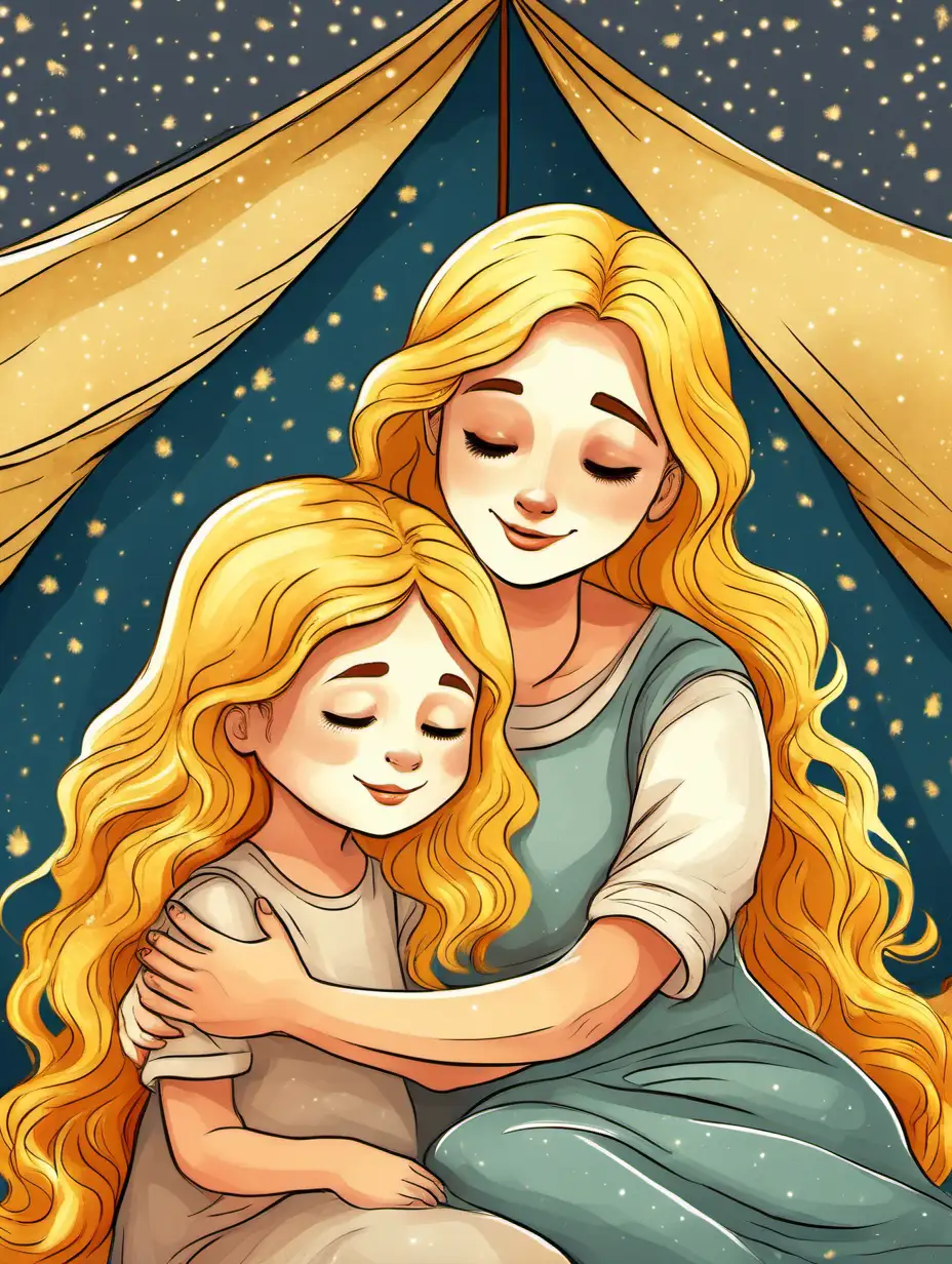 mother hugs a girl with golden hair in a tent, for children, illustration, storybook, color