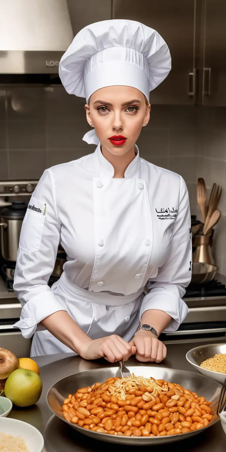 Make Scarlett Johansson a chef; while wearing hijab and standing in a kitchen and behind a table full of food. Put a caption under the photo: Leila + Chef