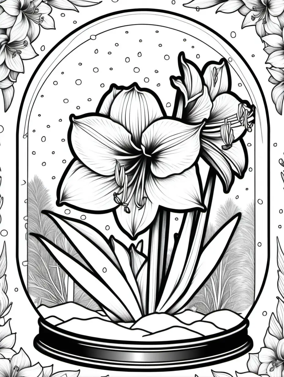 Amaryllis coloring book, snow globe framed floral background, black and white, no shading, no background, thick black outline
