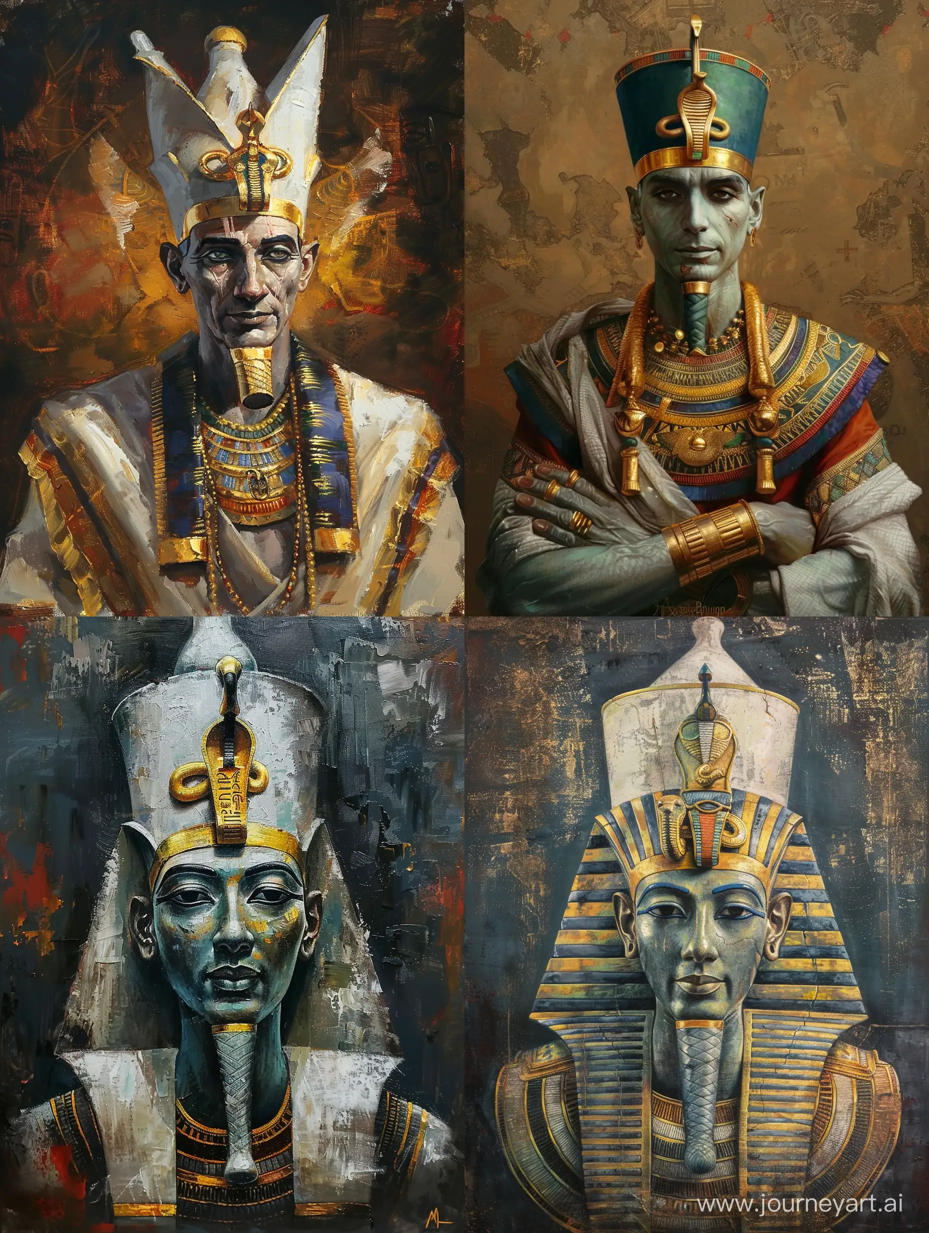 древнеегипетский бог Осирис, золотые украшения, портрет по пояс, масляная живопись, детальная проработка, стилизация, высокое качество, атмосферно