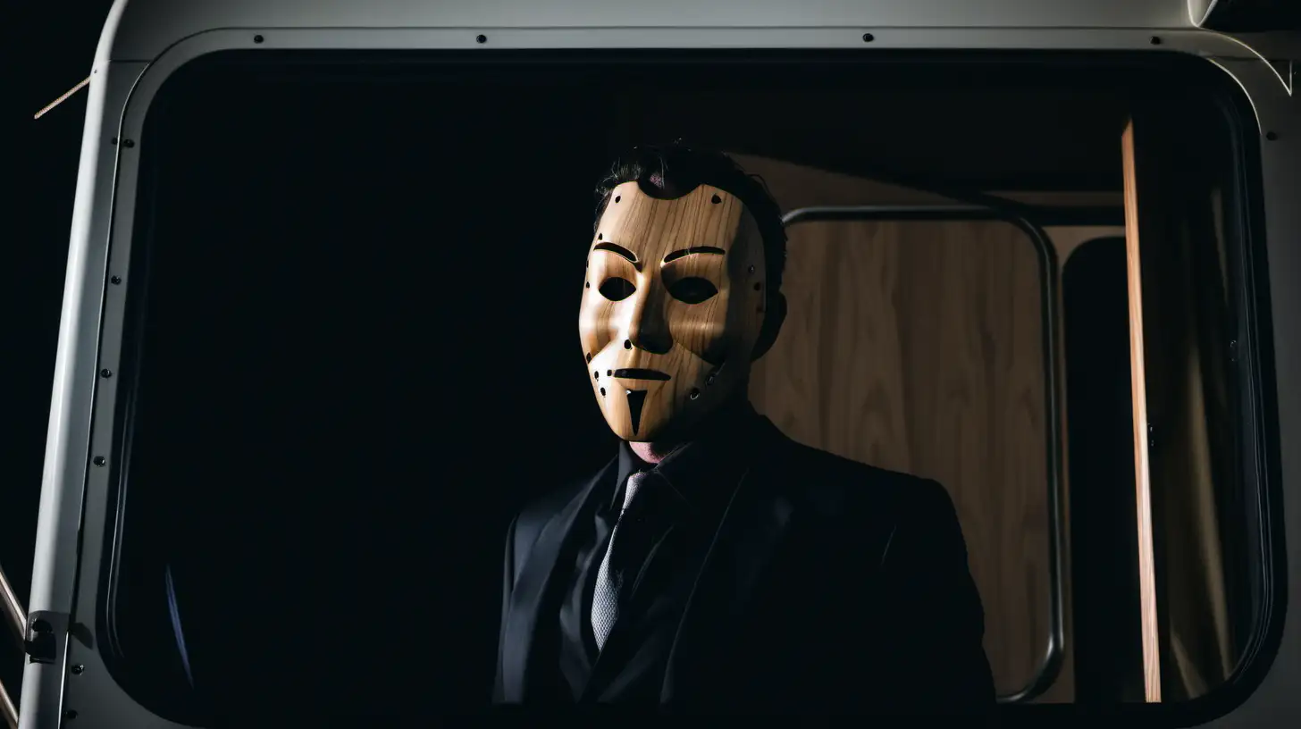 Mysterious Man in Black Suit with Wooden Face Mask at Night