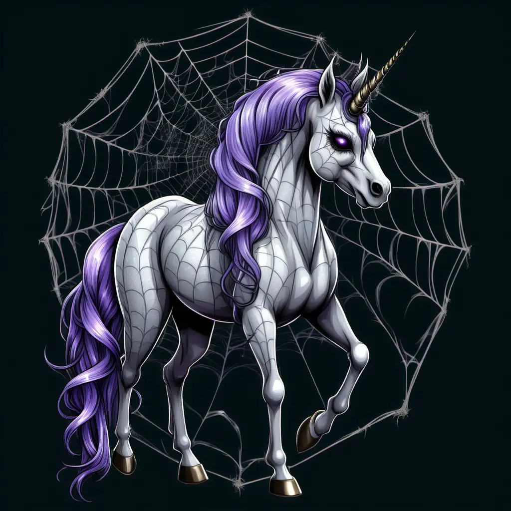 a fantasy gothic unicorn with spiderwebs, transparent background