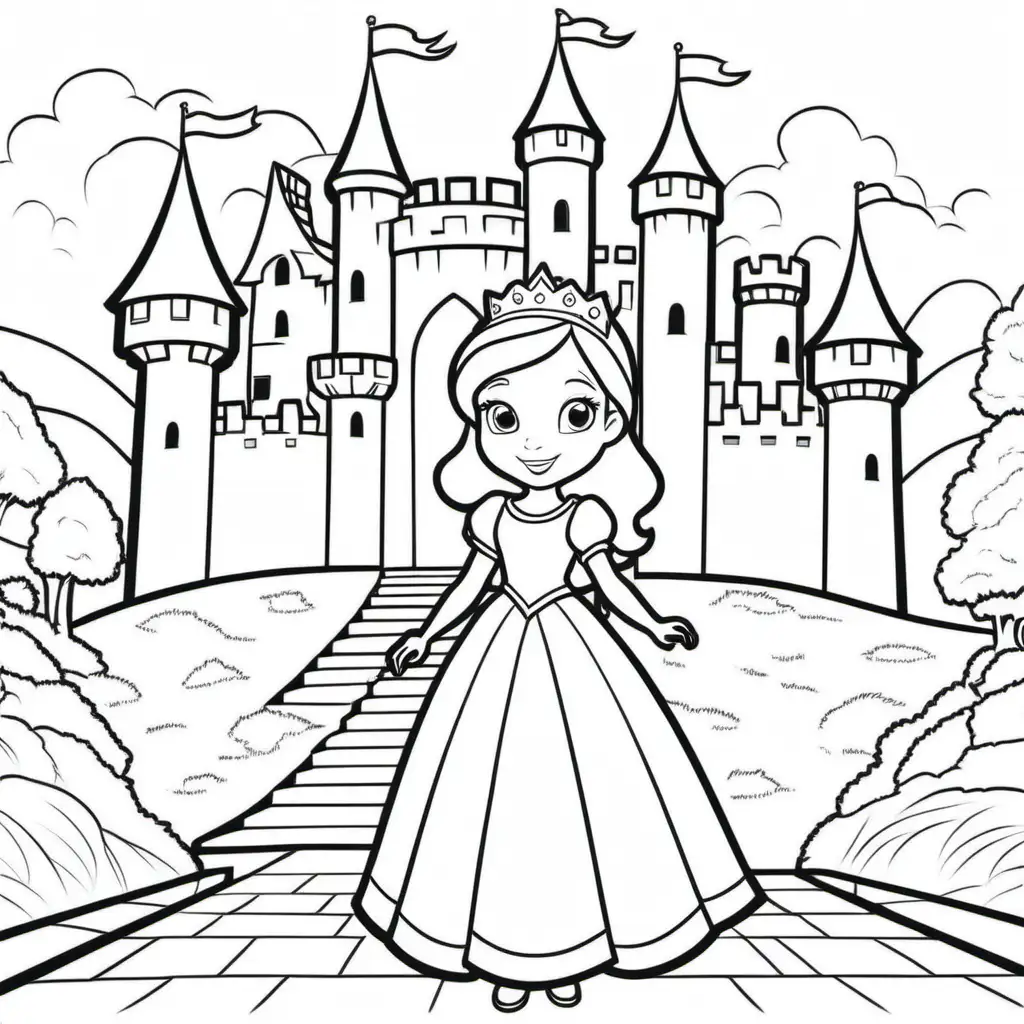 extremely simple, coloring pages for kids, young princess in front of a castle, no background , cartoon style, thick lines, low detail, no shading--ar 9:11--v5