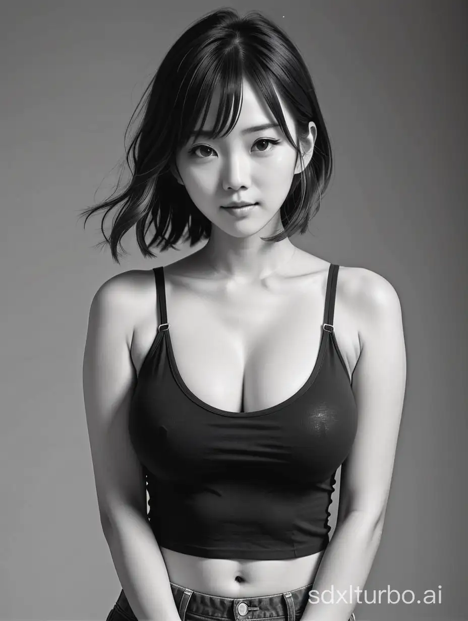 Aragaki Yui, full body, huge breast, tank top, black and white photograph style of “Faces of A.Picolo" series