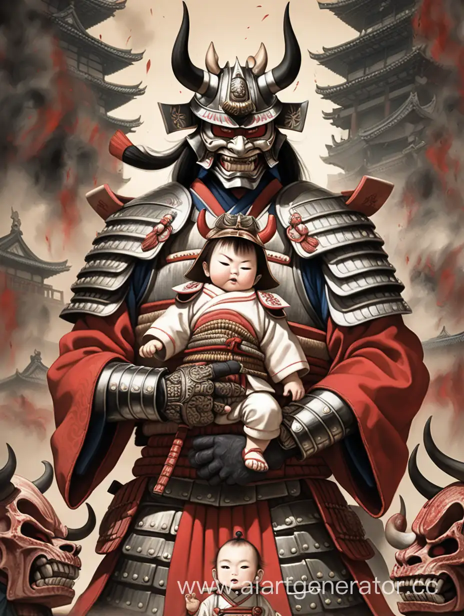 Самурай в старинной броне, в маске демона, держит в руках маленького ребенка на фоне мертвых трупов 