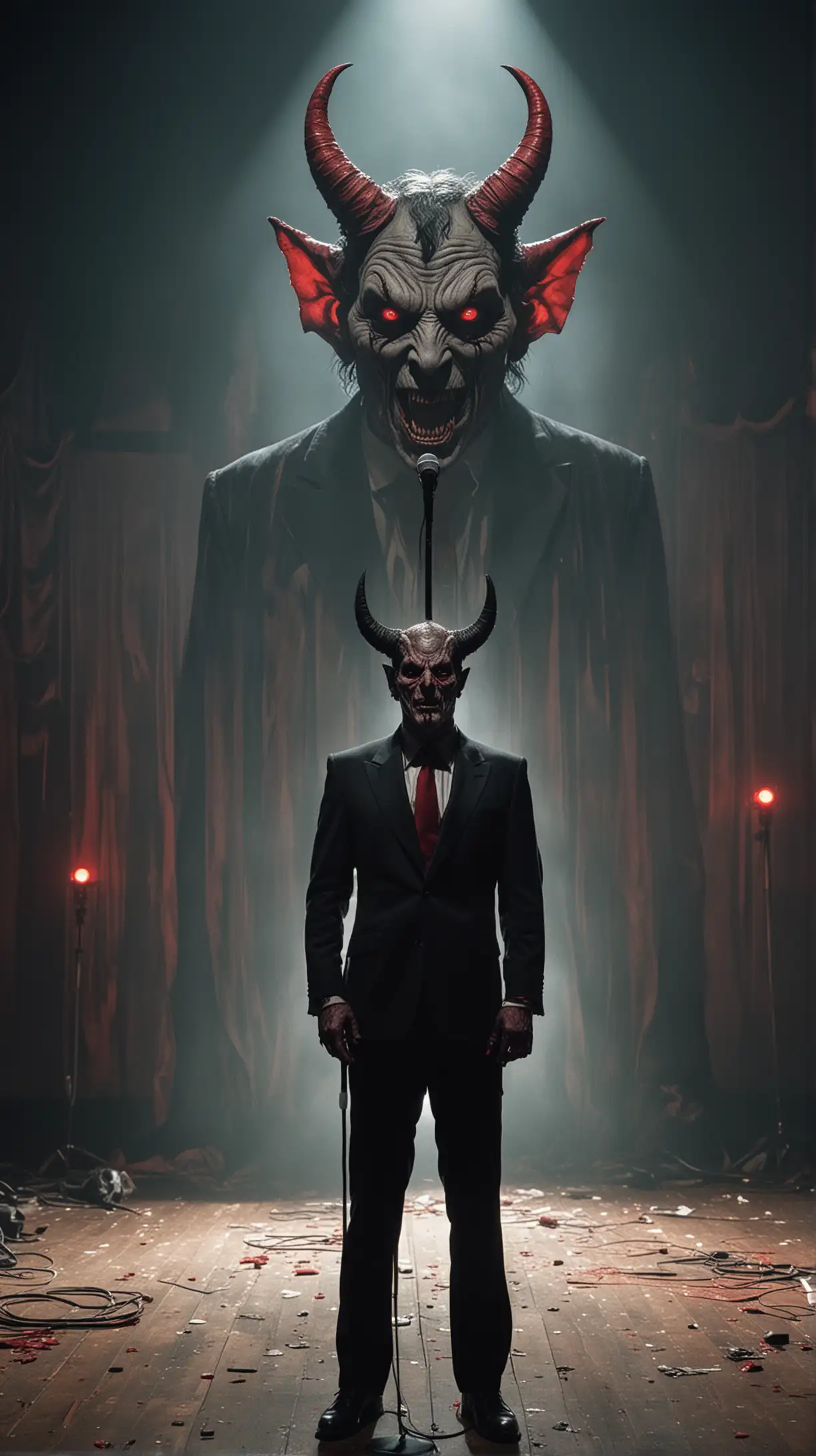 The scene features an empty stage, within which stands a suited man holding a microphone with the devil's face, complete with horns and sinister red eyes. The style captures a distressed 1980s horror aesthetic with striking visual impact. Satanic horror 
