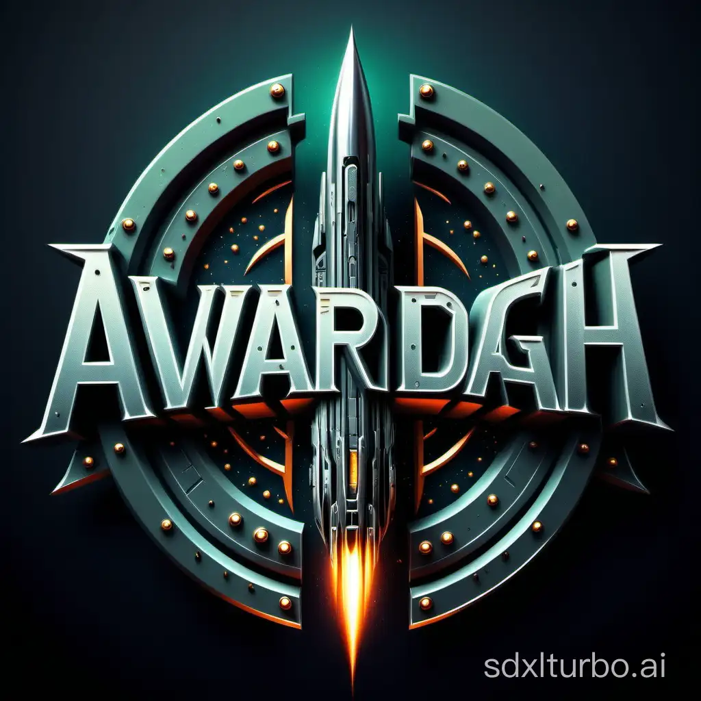 create text logo from "Avardgah" inside a military scifi with sharp edges and bullets decoration, front view