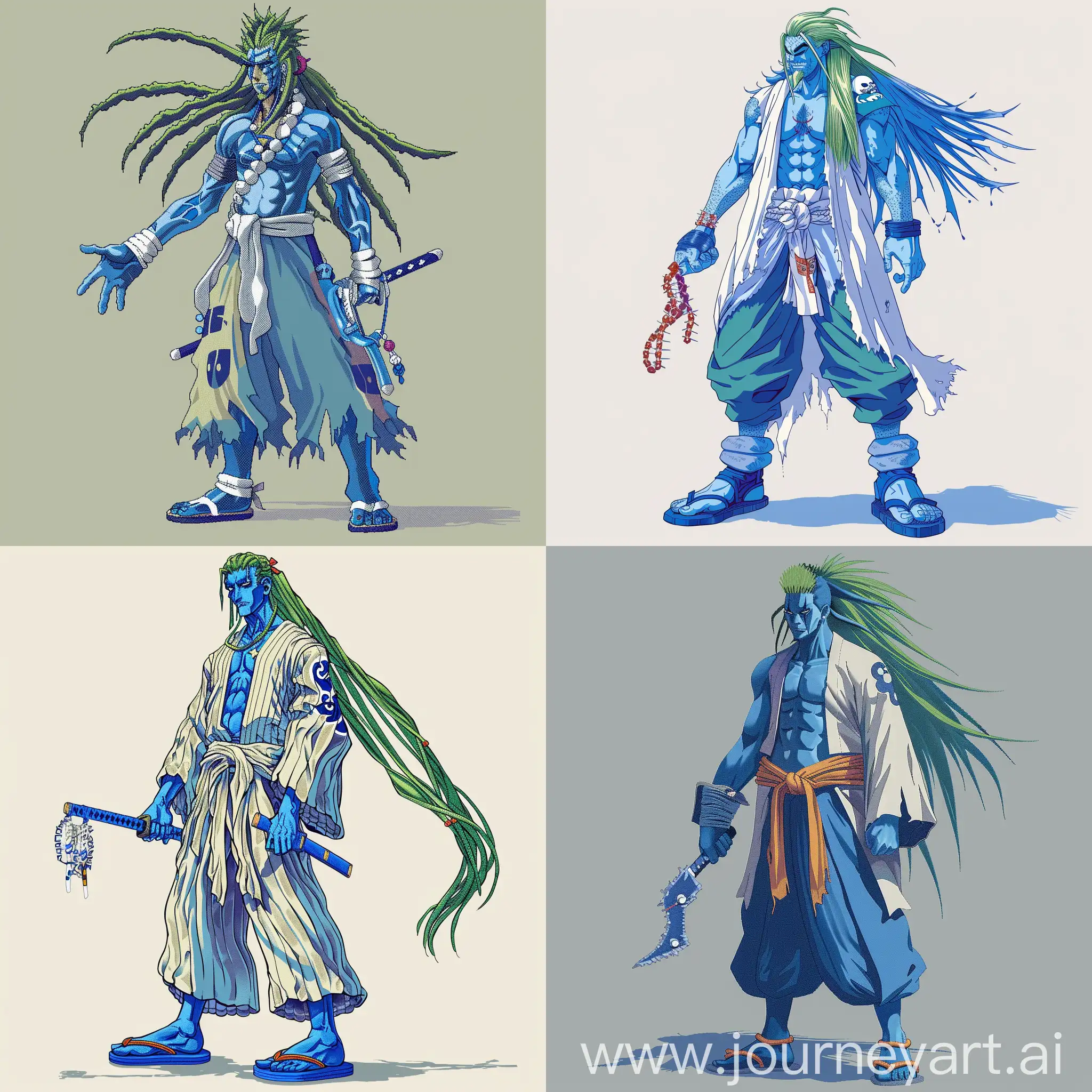 Create a 64 bit pixel detailed character art featuring a man with blue skin, long greenish hair, Blue shoes, bleach style costume and a zanpakuto in hand 