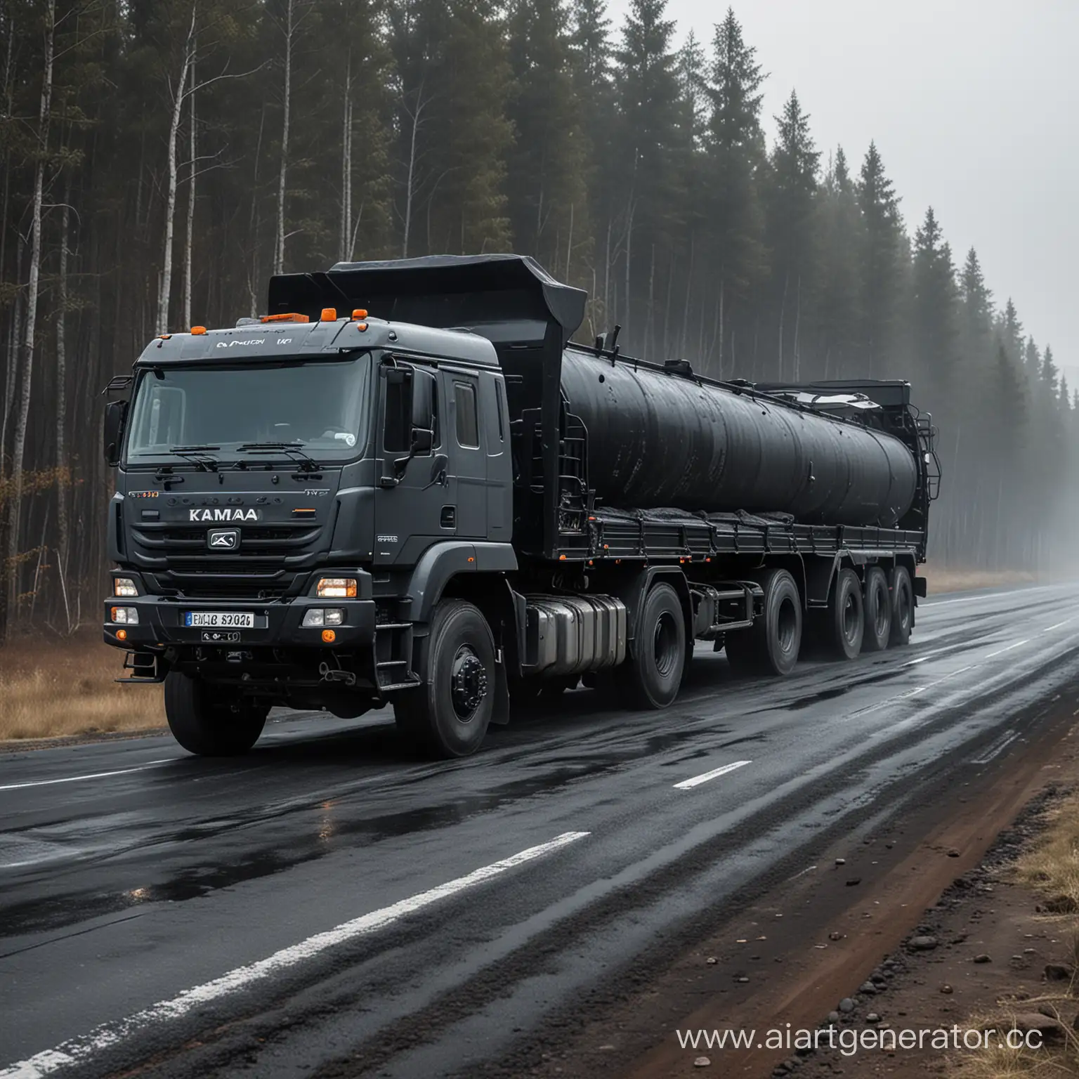 Dark-Realistic-Painting-of-KamAZ-Truck-Transporting-Bitumen-on-Road