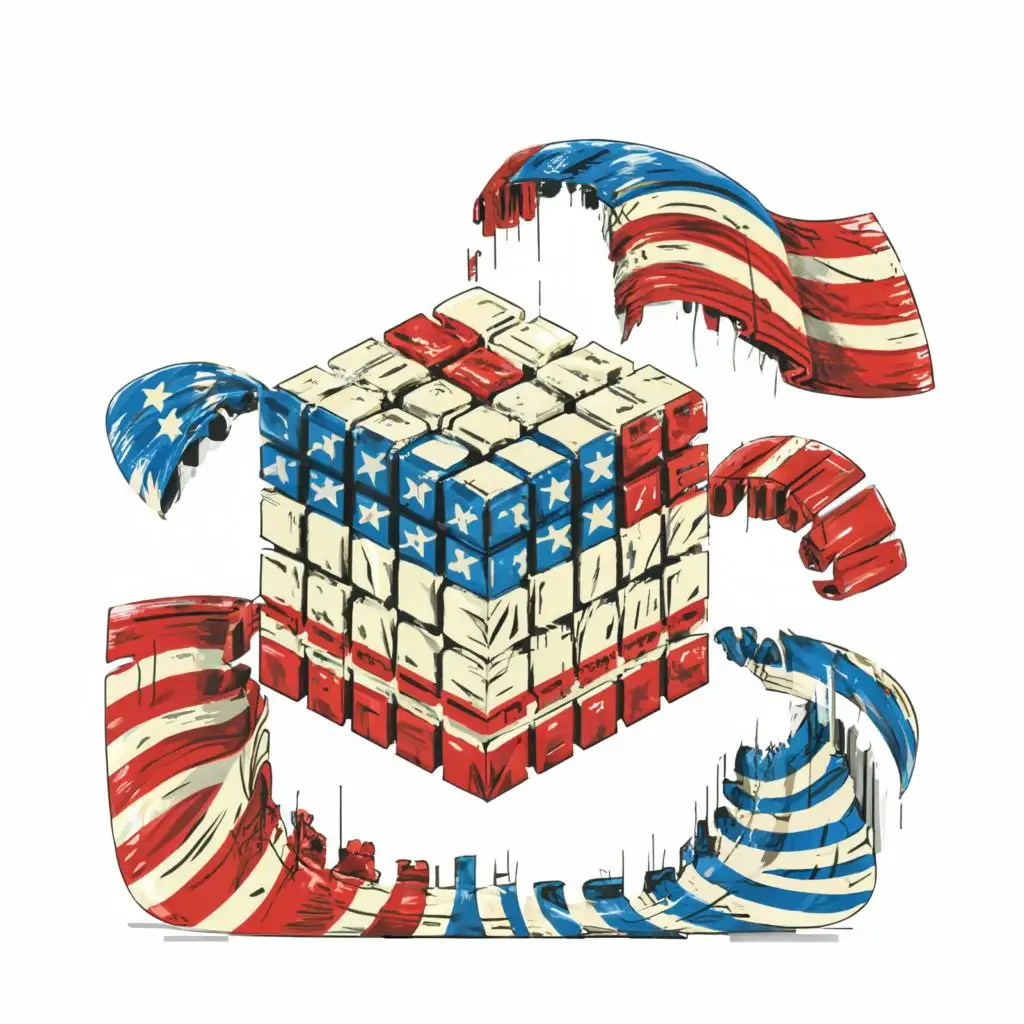 logo, Painted American flag built into deconstructed Rubik's Cube, transparent background, cubes unraveling off top, with no text, be used in Internet industry
