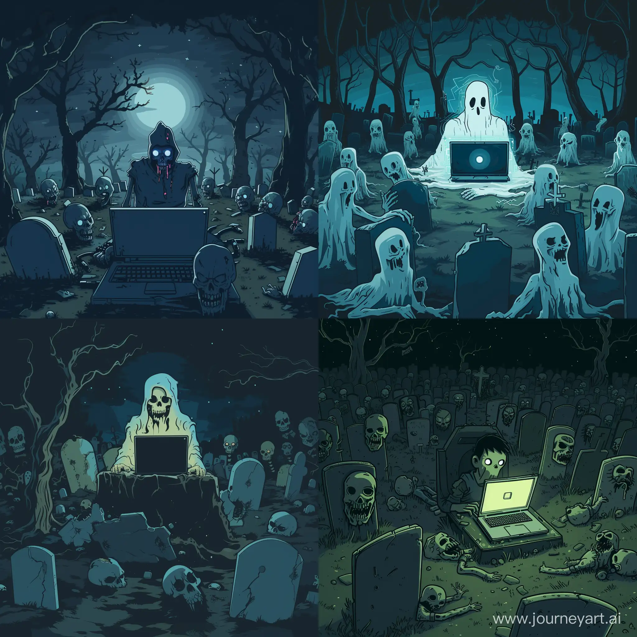 Самый могущественный хакер колдун призрак работает ночью на кладбище сидя за ноутбуком в окружении множества хакеров зомби