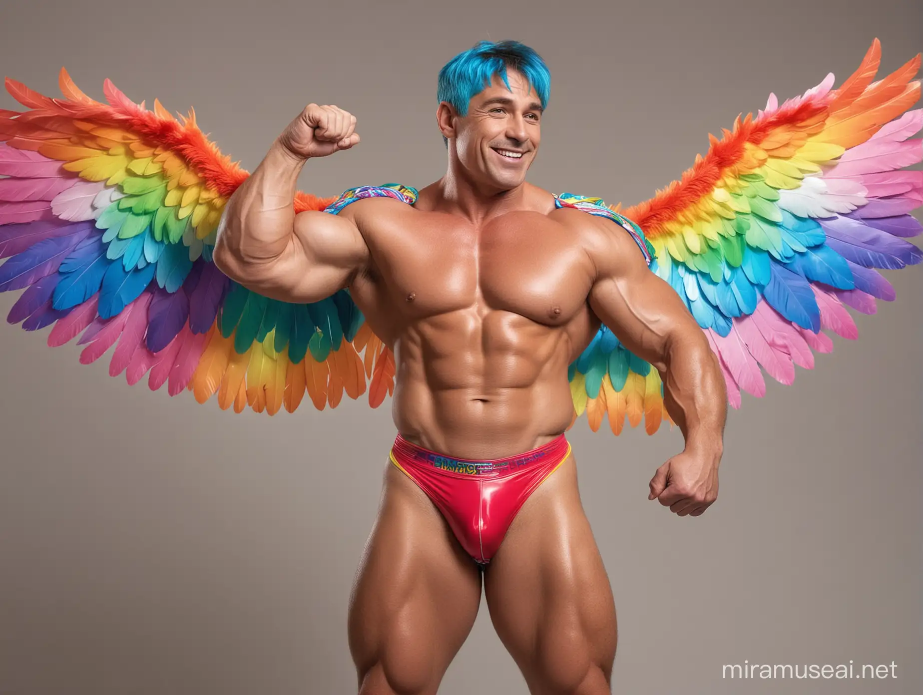 Topless 40s Ultra Beefy IFBB Bodybuilder Man wearing Multi-Highlighter Bright Rainbow Coloured See Through Eagle Wings shoulder Jacket short shorts and Flexing Big Strong Arm with Doraemon