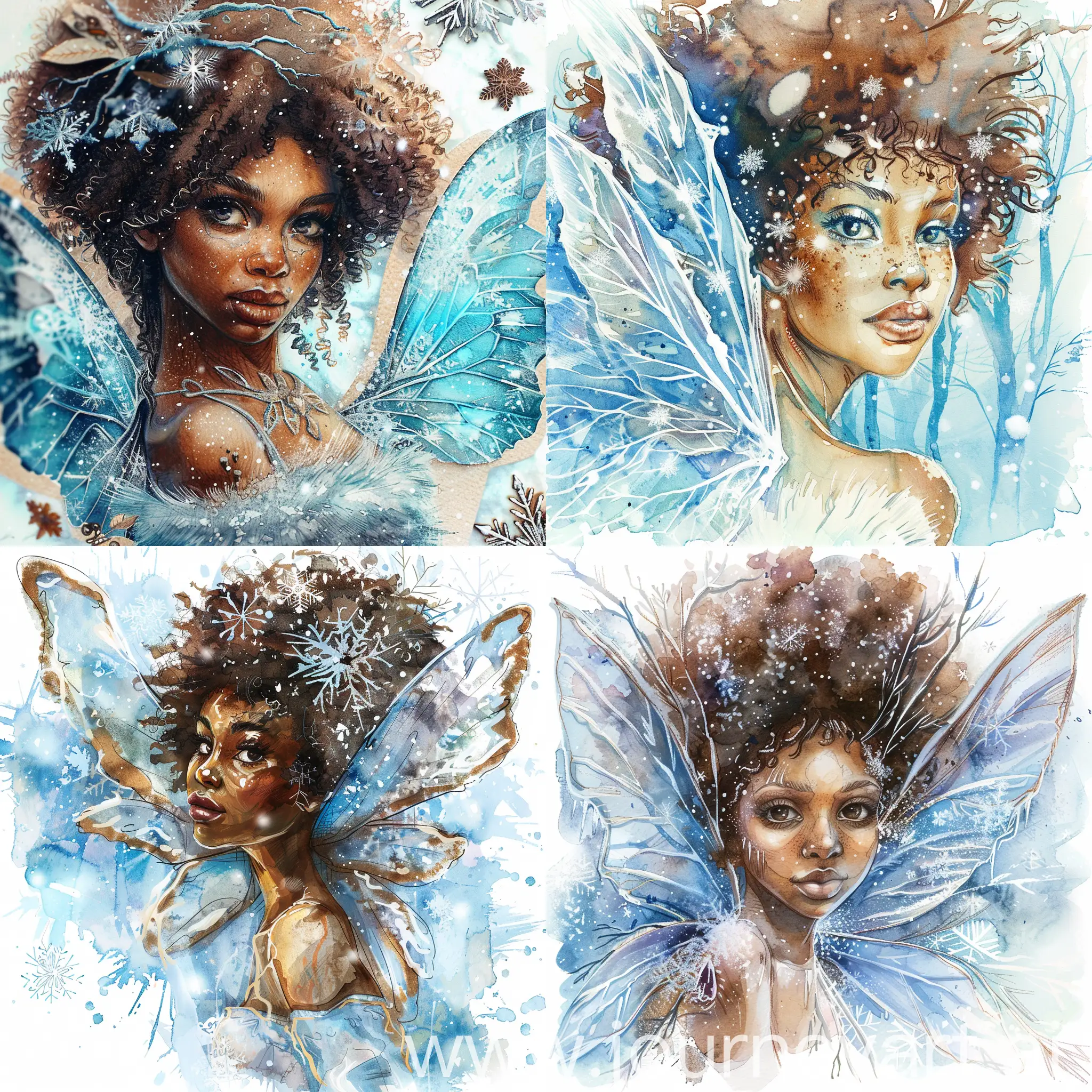 magical ice fairy with brown skin and Afro. Winter background. Watercolor style