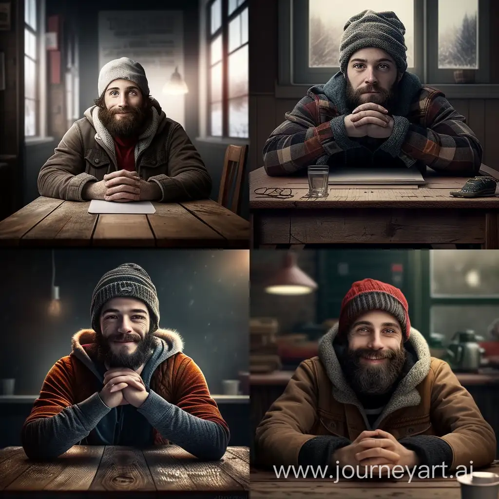 Cheerful-Bearded-Man-in-Winter-Attire-Sitting-at-Table