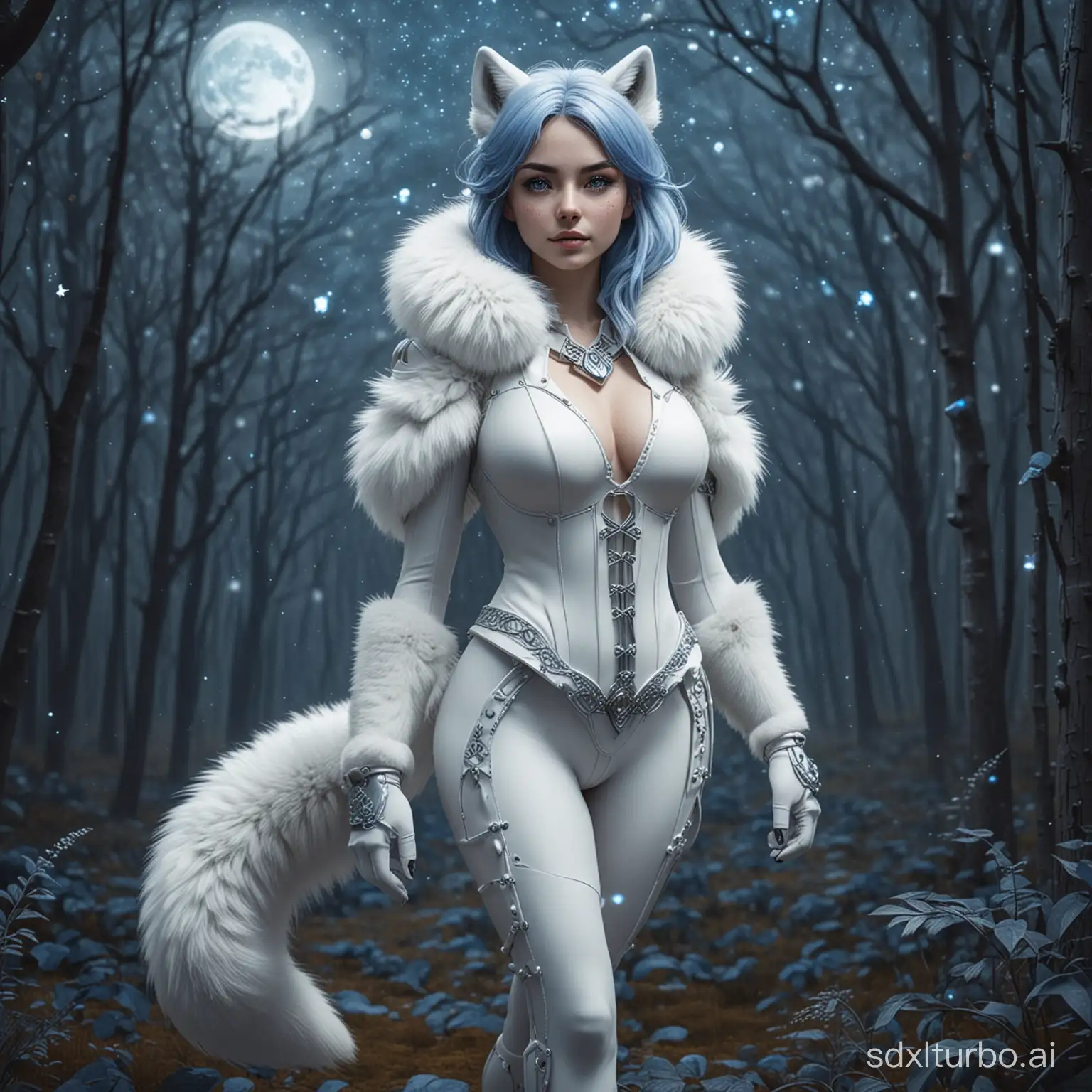 a full body portrait of a humanoid anthro furry female woman arctic  fox with a white fox muzzle and with blue medium length blue hair and white fur and blue eyes a white fox tail hi poly 3d render hi definition zoomed out full body shot of her, dark starry sky with a beautiful moon and a fantasy forest background