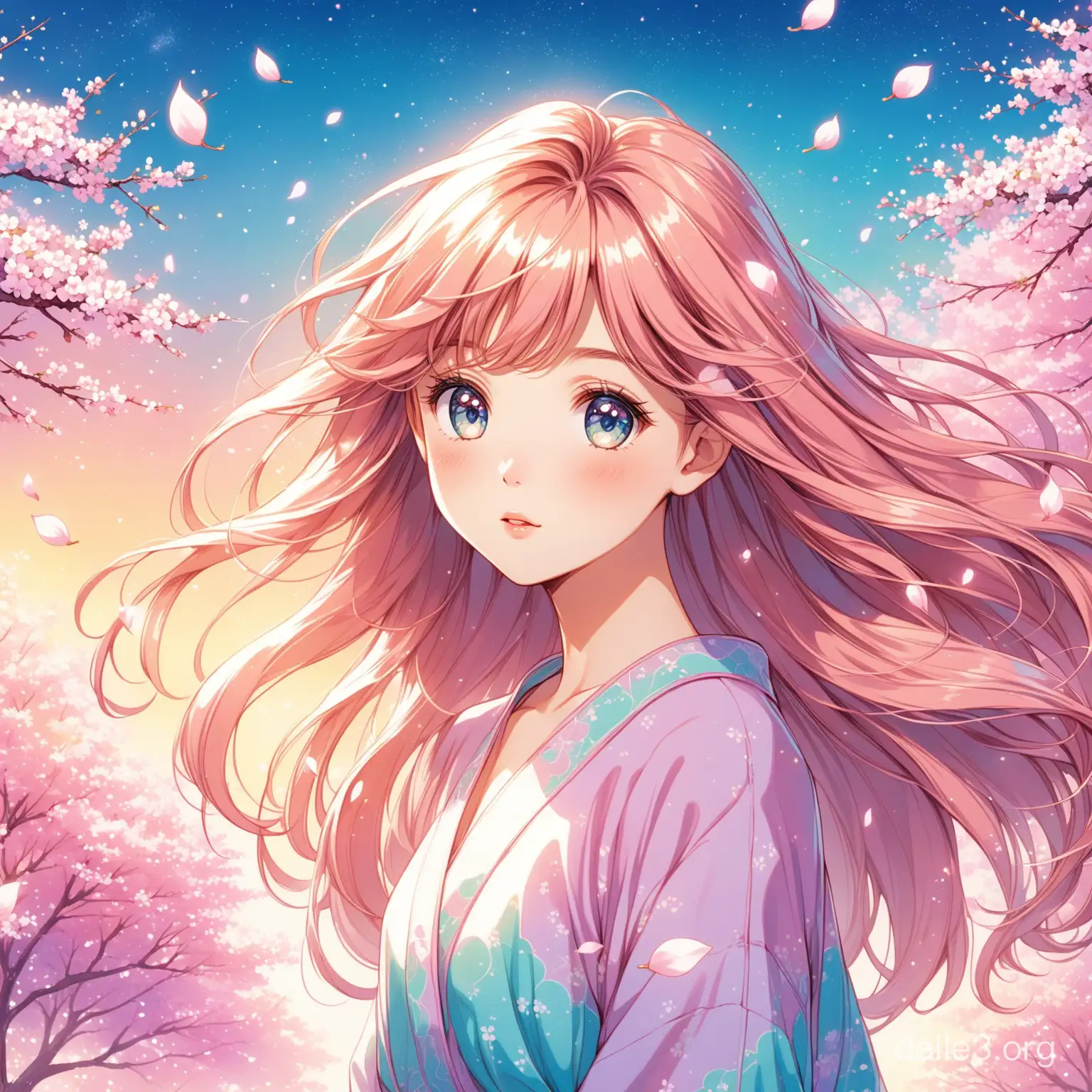 Inspired by the atmosphere of classic 1990s anime, envision a young girl aged 17 to 20. The magical wind plays with her hair, creating wave-like patterns as they flow from top to bottom. Her eyes sparkle brightly, like stars in the sky. Soft cherry blossom petals fall on her, enveloping her in an aromatic cloud of charm and springtime allure. With her face turned slightly, showcasing the intricate details of her features, the hand-drawn style reminiscent of the 1990s adds a touch of nostalgic charm. Surrounded by soft and pastel colors, this image perfectly combines a moment of innocence and beauty. The smooth transition skillfully showcases the harmony and aesthetic beauty of the presented character.