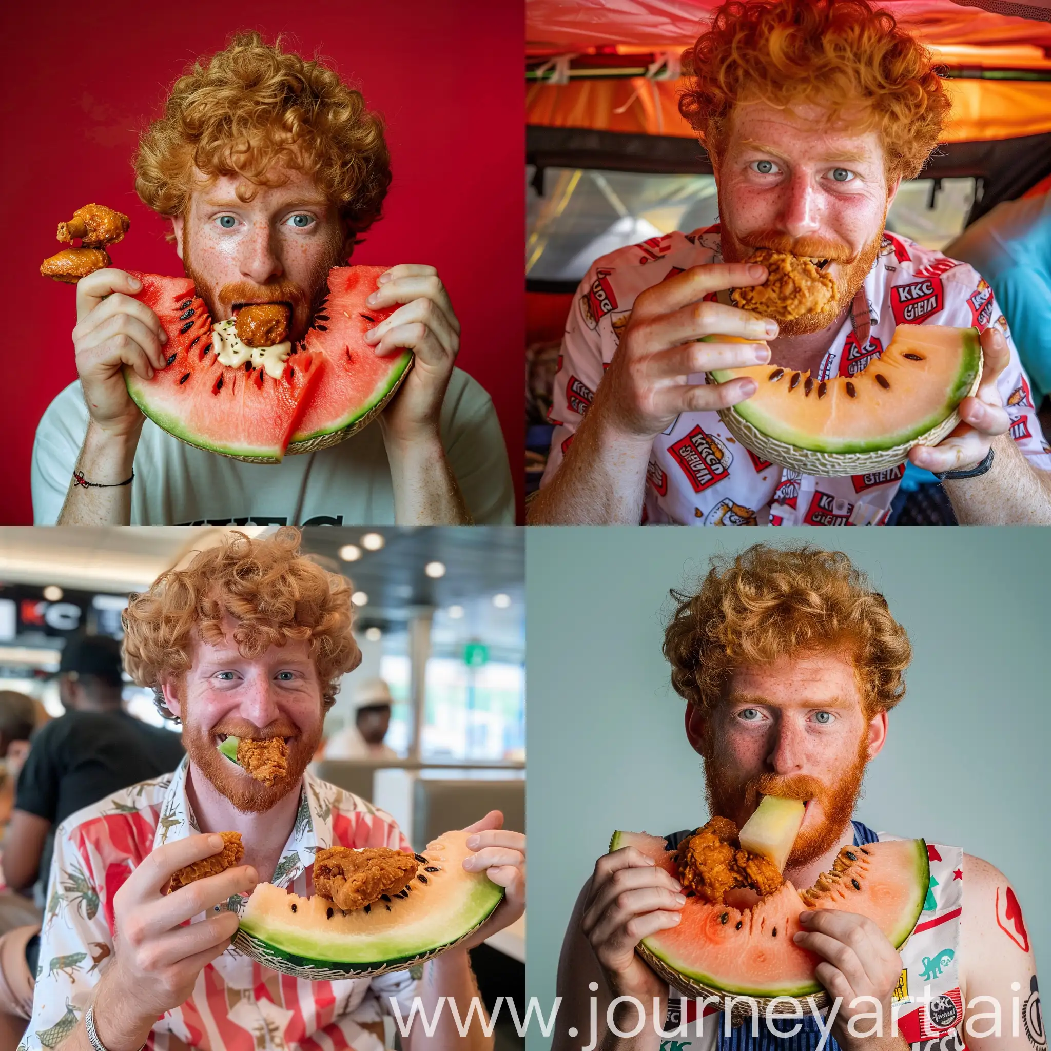 A ginger guy eating both KFC and melon