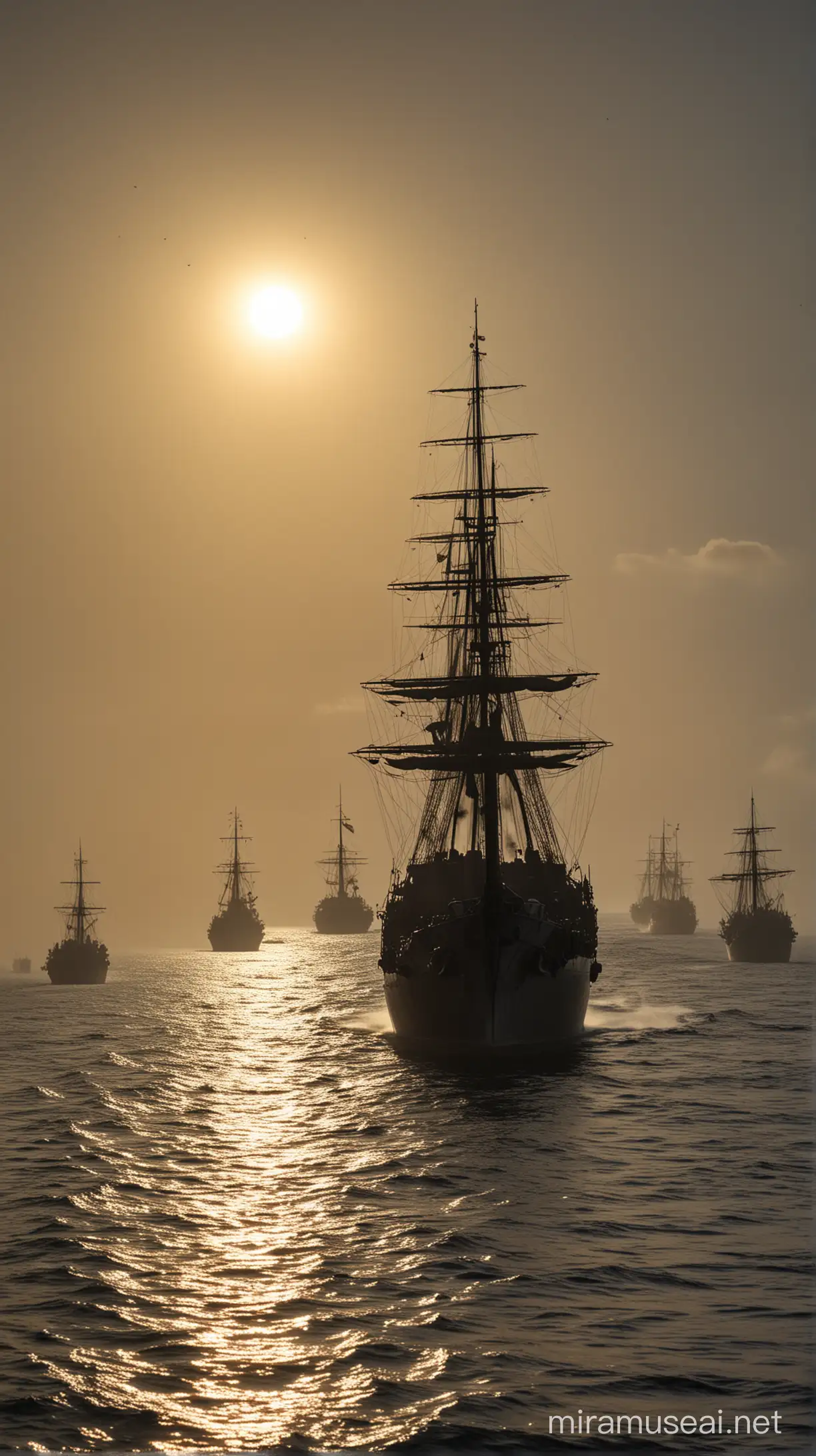 The British warships approach Zanzibar's harbor, creating an ominous cloud of mist in the sky. The silhouettes of the ships become dramatically distinct with the setting sun. The surface of the sea sparkles with reflections of the ships, signaling the impending conflict.

