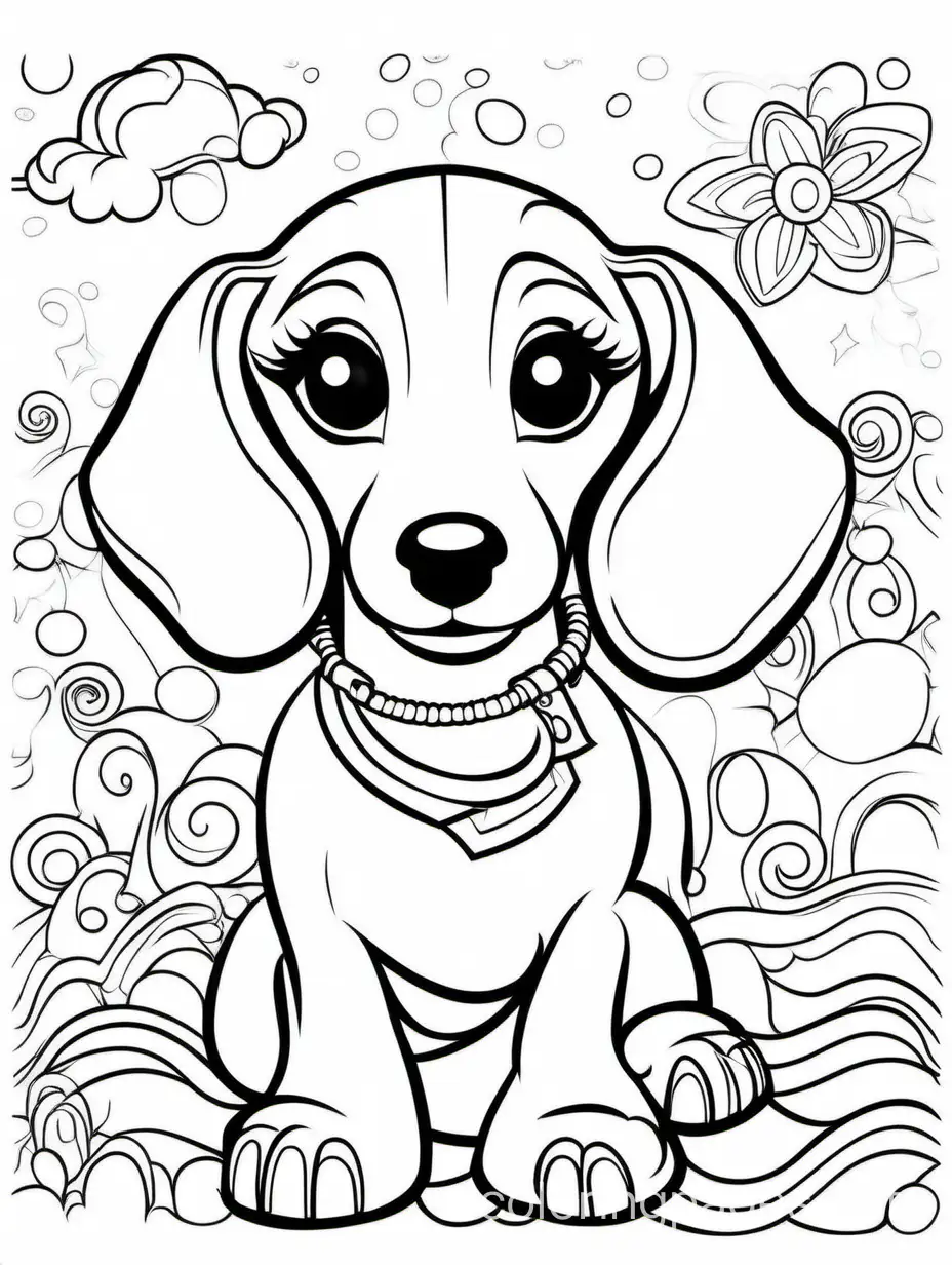 dachshund, Lisa Frank style, Coloring Page, black and white, line art, white background, Simplicity, Ample White Space. The background of the coloring page is plain white to make it easy for young children to color within the lines. The outlines of all the subjects are easy to distinguish, making it simple for kids to color without too much difficulty., Coloring Page, black and white, line art, white background, Simplicity, Ample White Space. The background of the coloring page is plain white to make it easy for young children to color within the lines. The outlines of all the subjects are easy to distinguish, making it simple for kids to color without too much difficulty