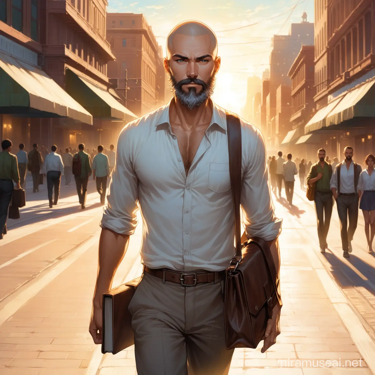 The late afternoon sun bathes the bustling city sidewalk in a warm glow. A sea of hurried pedestrians rushes past, faces etched with hurried purpose. In the center of the frame, Marcus, a man in his late thirties, strides purposefully towards the viewer. An island of calm in the urban storm, his shaved head and neatly trimmed beard project a sense of order. He's clad in a simple, well-tailored linen shirt and dark chinos, the outfit a picture of understated elegance. A worn leather messenger bag hangs from his shoulder, hinting at a life filled with purpose. His posture is upright and confident, radiating a quiet inner strength. Despite the frenetic energy around him, Marcus's face remains serene, a testament to his stoic composure. His eyes take in the world with calm observation, reflecting a thoughtful and introspective mind. A glimpse of a worn book peeking out of his bag – perhaps "Meditations" by Marcus Aurelius – reveals the source of his inner peace. 