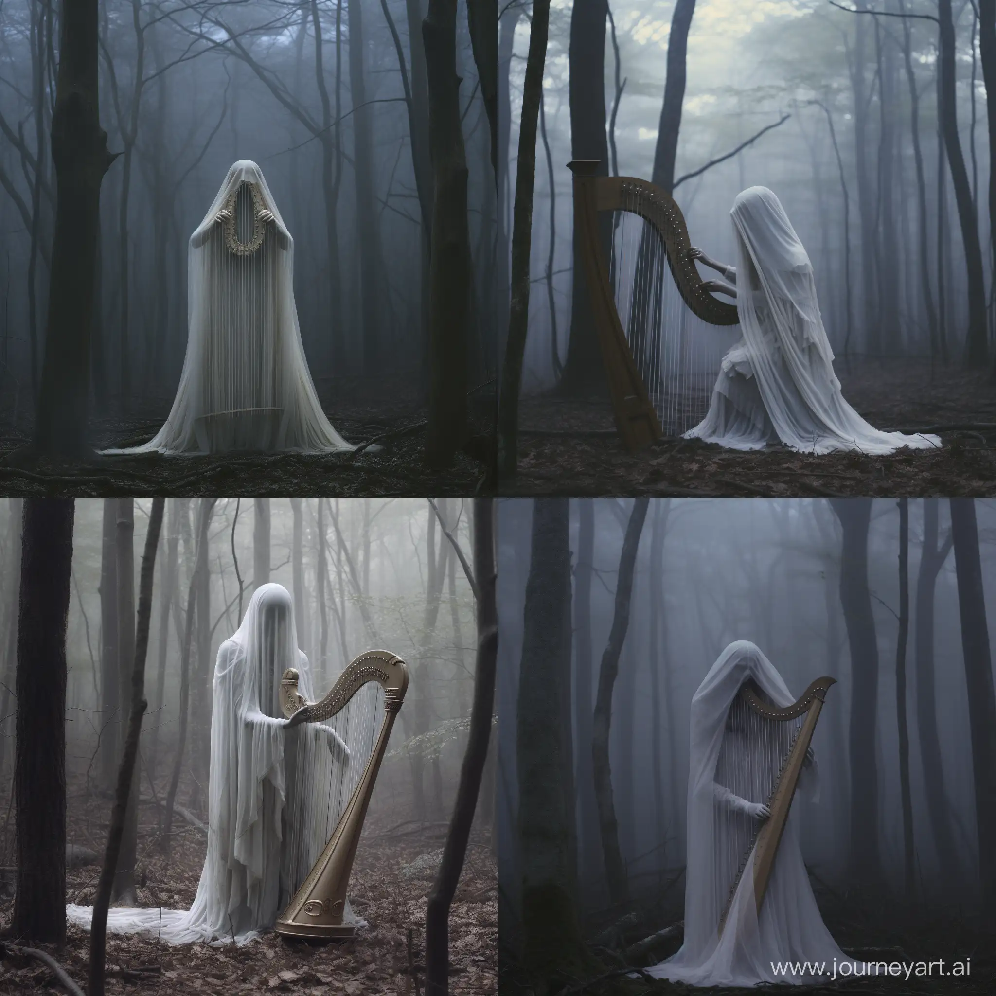 Ethereal-Ghostly-Harpist-in-Minimalistic-Forest