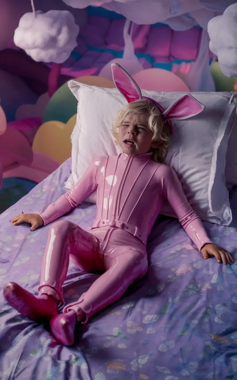 Uncomfortable Blonde Child in Tight Pink Latex Suit on Bed