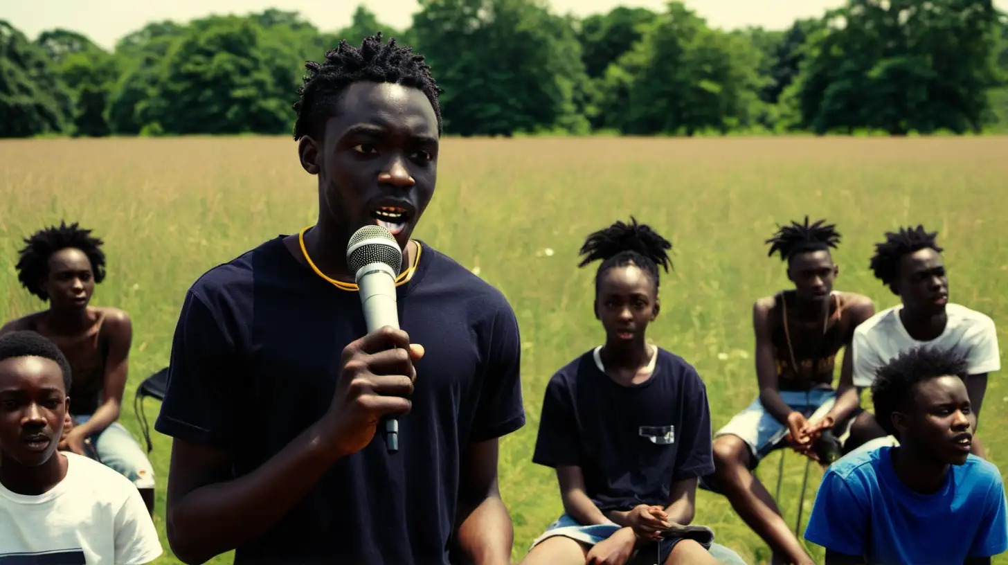 A black african young man addressing a group of other young people in a field witha microphone