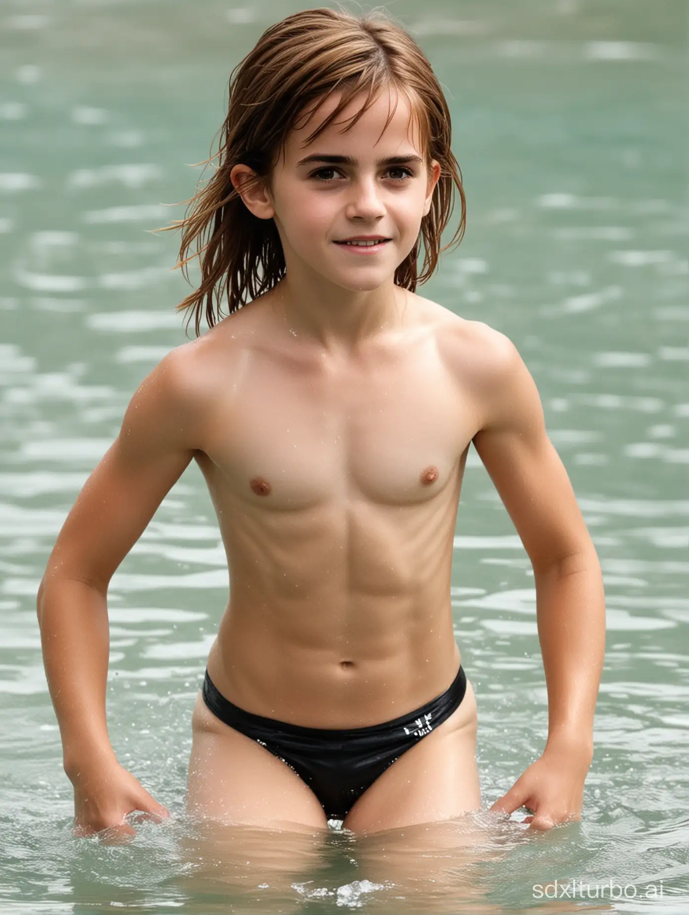 Emma Watson at 7 years old, very muscular abs, bathing