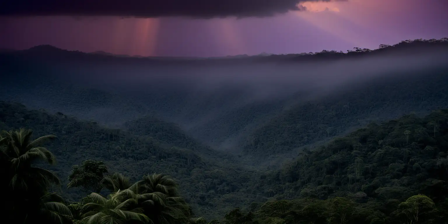 RAW photo, an award-winning National Geographic style HD photograph featuring the untamed beauty of the tropical rainforest. It's just after a rain shower at dusk, the orange-purple hues of twilight permeating the scene, casting long, dramatic shadows and creating a soft, diffused light that gives the landscape an almost ethereal feel.