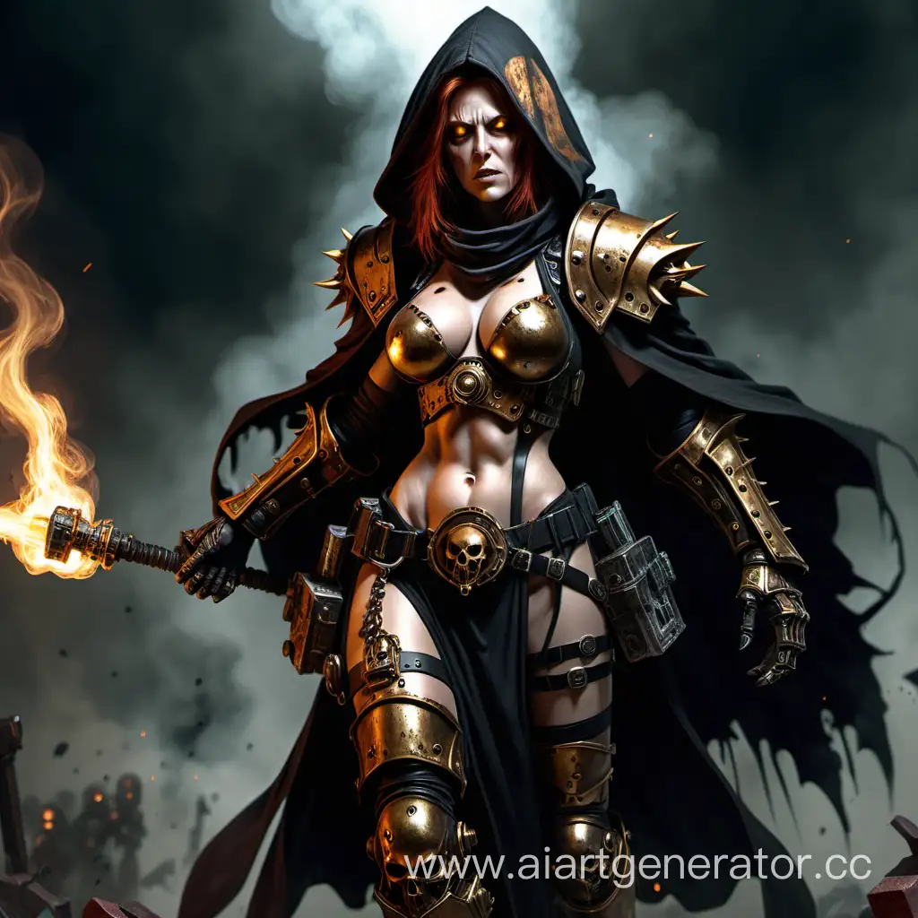 an attractive female sanctioned psyker from Warhammer 40k with tanned skin and gold eyes and chin-length auburn hair, with old burn scars over one side of her face, viewed from an angle, wearing a tattered black hooded robe and black gothic old light power armor, with a breastplate over her chest that has pipes and tubes coming out over her shoulders and going into a backpack, holding a burning power staff