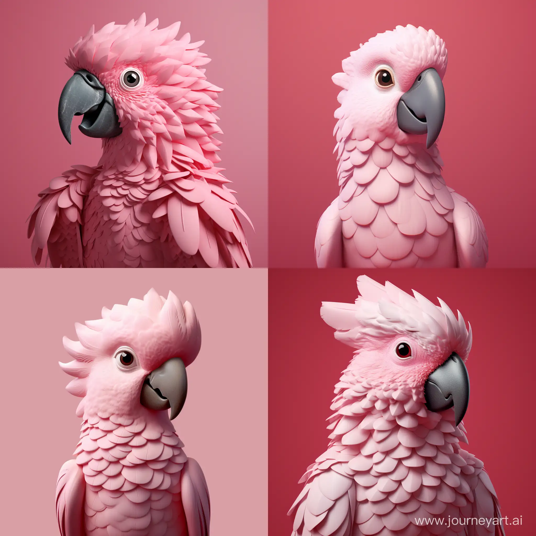Pink Cockatoo, muted solid color background, Disney Pixar 3D style, Disney Hybrid, Hyper-Detailed