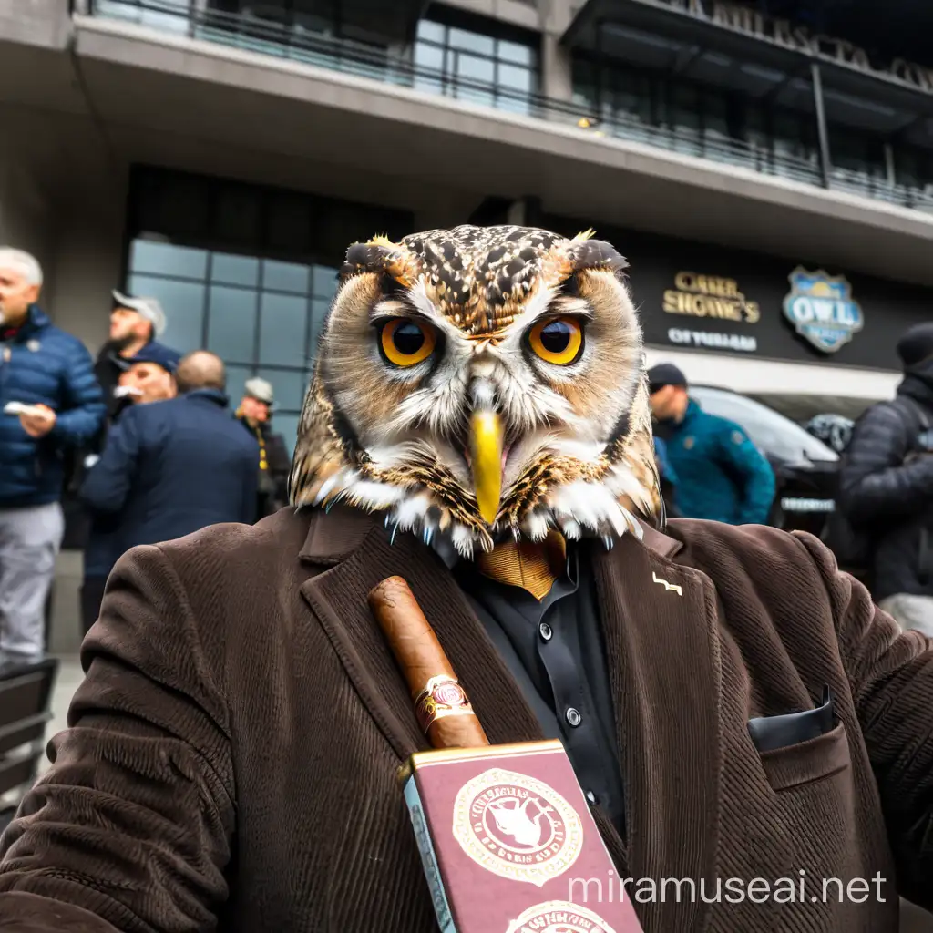Owl with Cigar Whimsical Avian Portrait