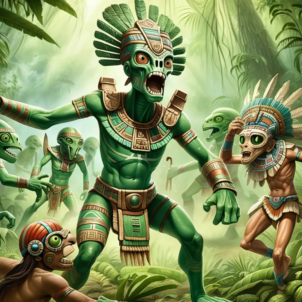 ancient aztec' fight with green skin, big eyed and long necks aliens in amazon jungle