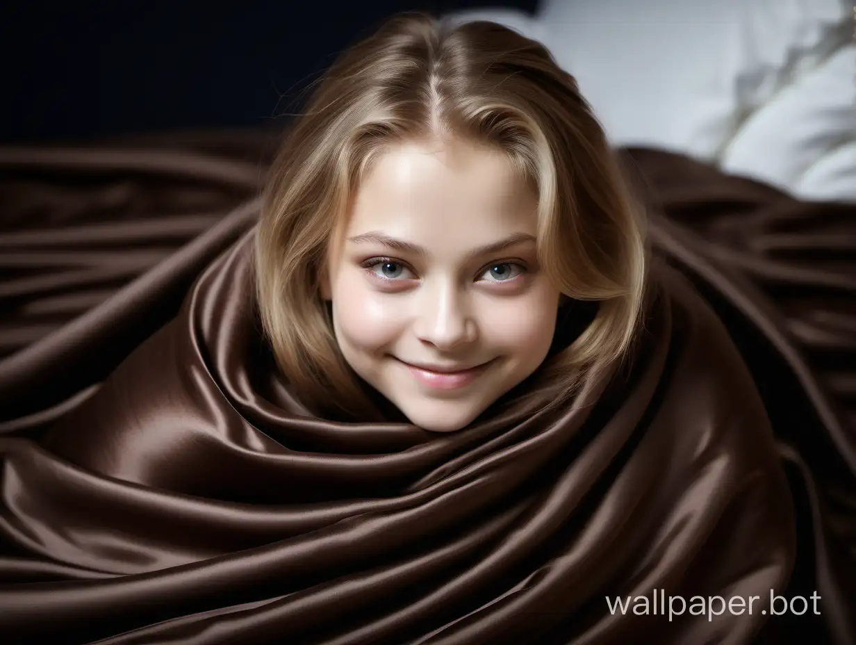 angelically smiling Yulia Lipnitskaya under luxury silk chocolate blanket