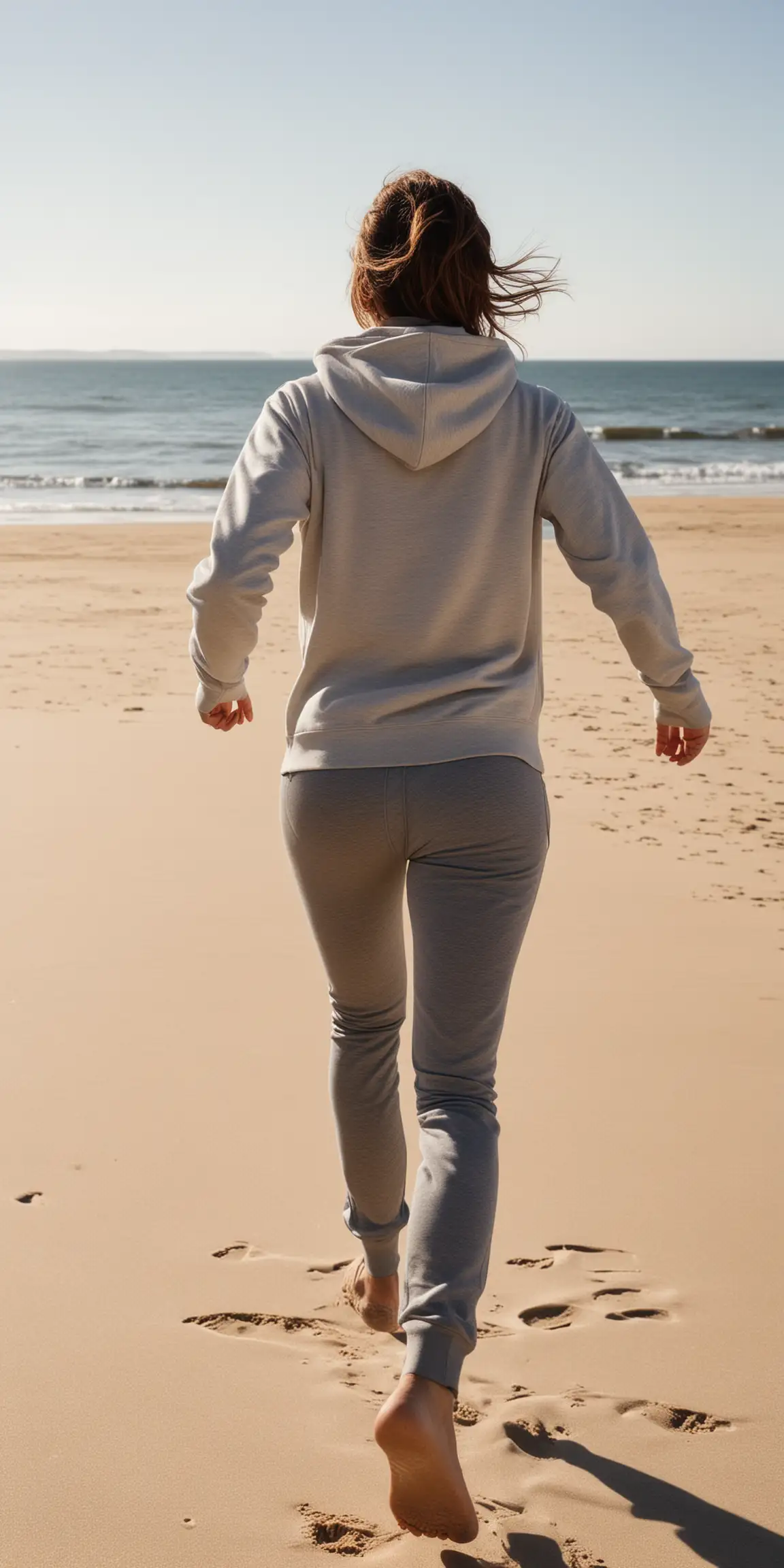 woman running along the beach wearing hoodie, sunny day, back facing the camera, 


