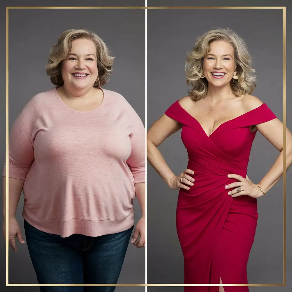 collage of two images of A 60-year-old woman who was overweight and is now happy with her optimal BMI. 