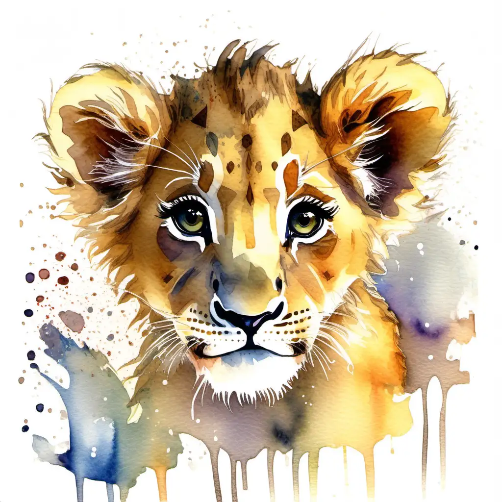 Lion cub jolly good happy watercolour painting artwork beautiful magical enchantment  white background 