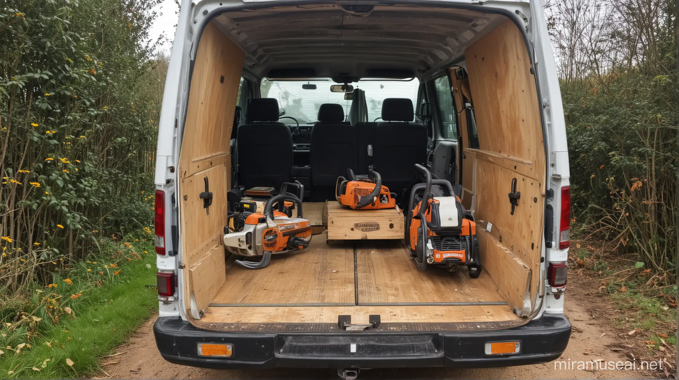Two lumperjacks, one with a chainsaw, sitting face to face in the back of van, seen from the back with both doors wide open.