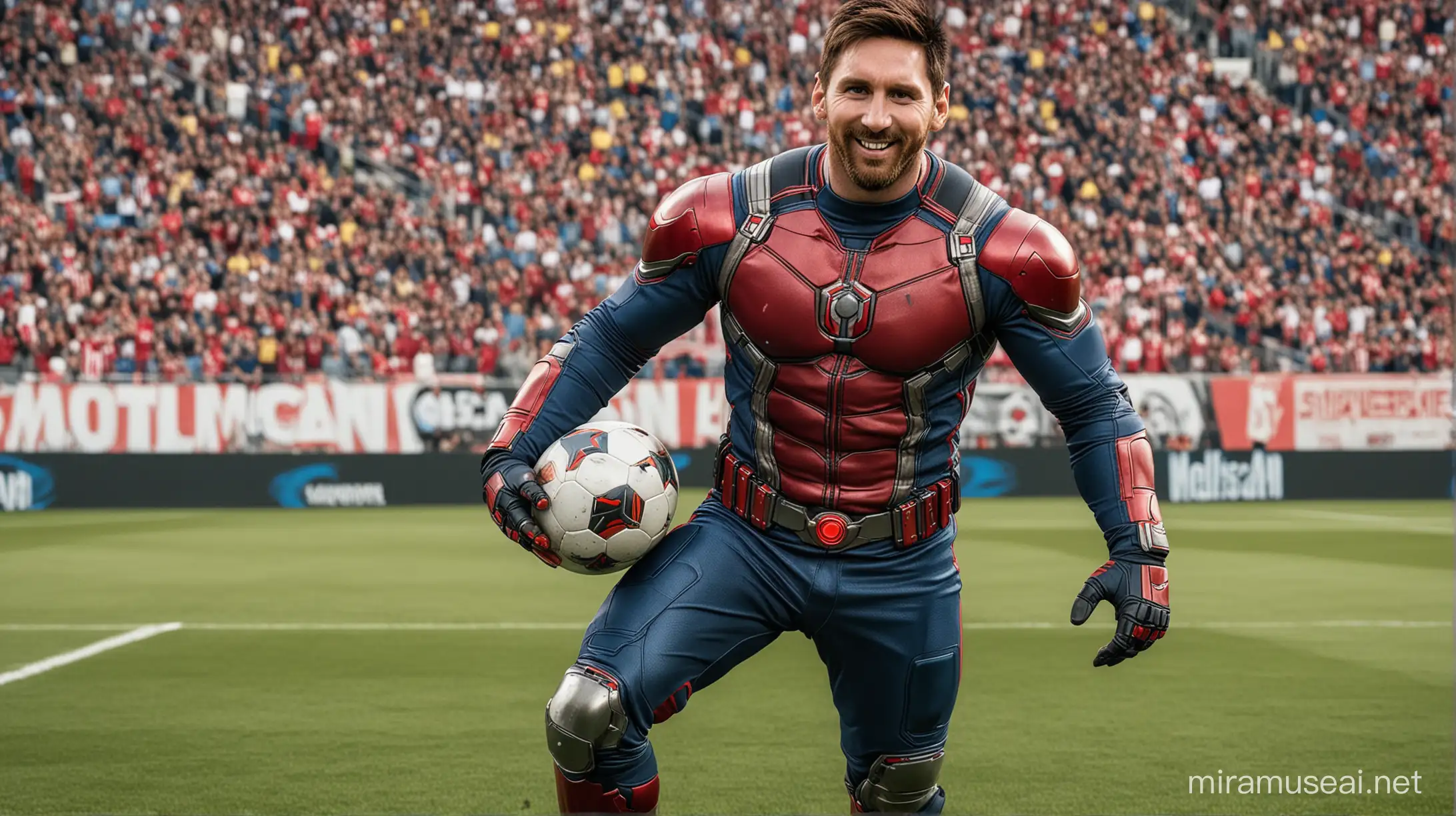 Lionel Messi the Soccer player transformes into the comic book superhero Ant-Man, full body, Looking at the Camera, Super Smiley face, Wearing Ant-Man costume, in the football field, Standing with a ball next to him.
