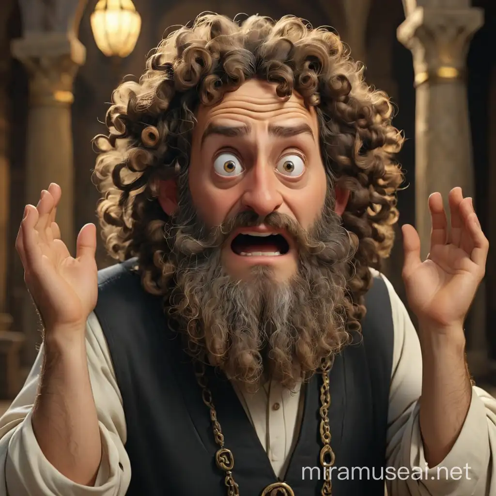 the frightened rabbi grabbed his forehead with both hands, we see them, he is really scared;  He has curls at the temples and is dressed in traditional Jewish clothing of 19th centery. We see him in full growth. In the style of realism, 3D animation.