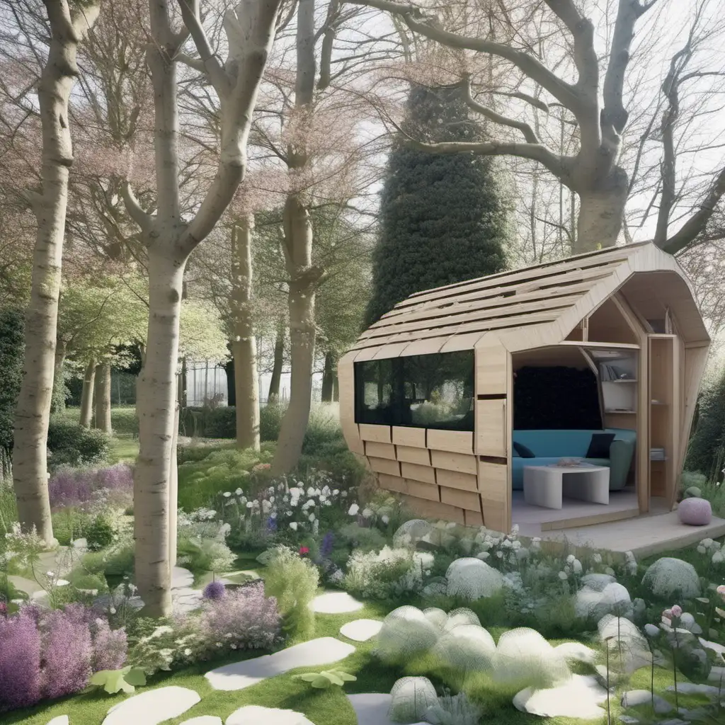 Imagine a garden folly in de style of MVRDV architect, in this garden, in place of the shed. Use natural materials. To live in for two people. It's a sunny day.
