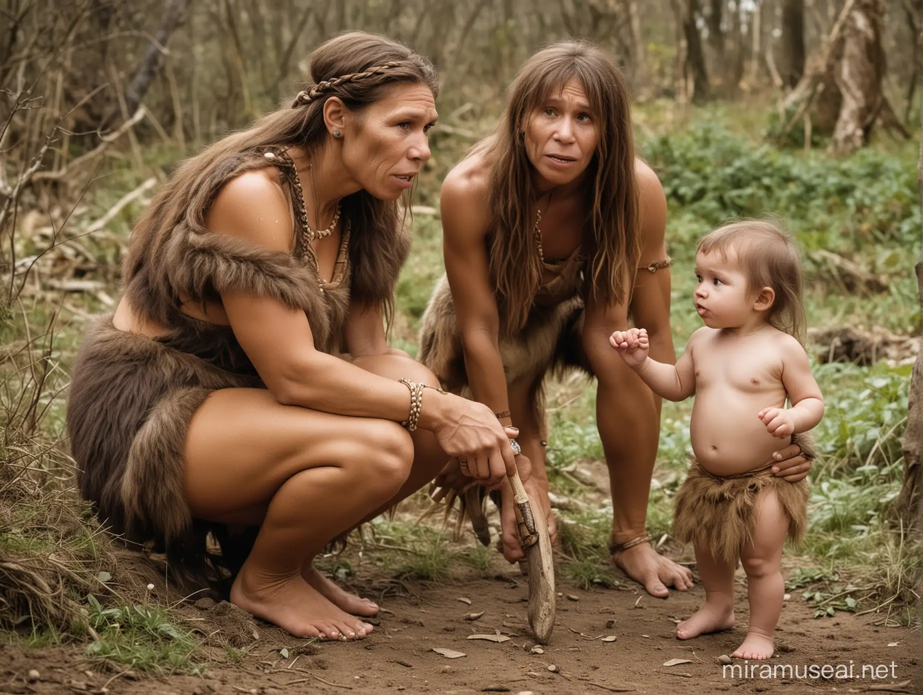 Neanderthal Woman and Child in Prehistoric Settlement
